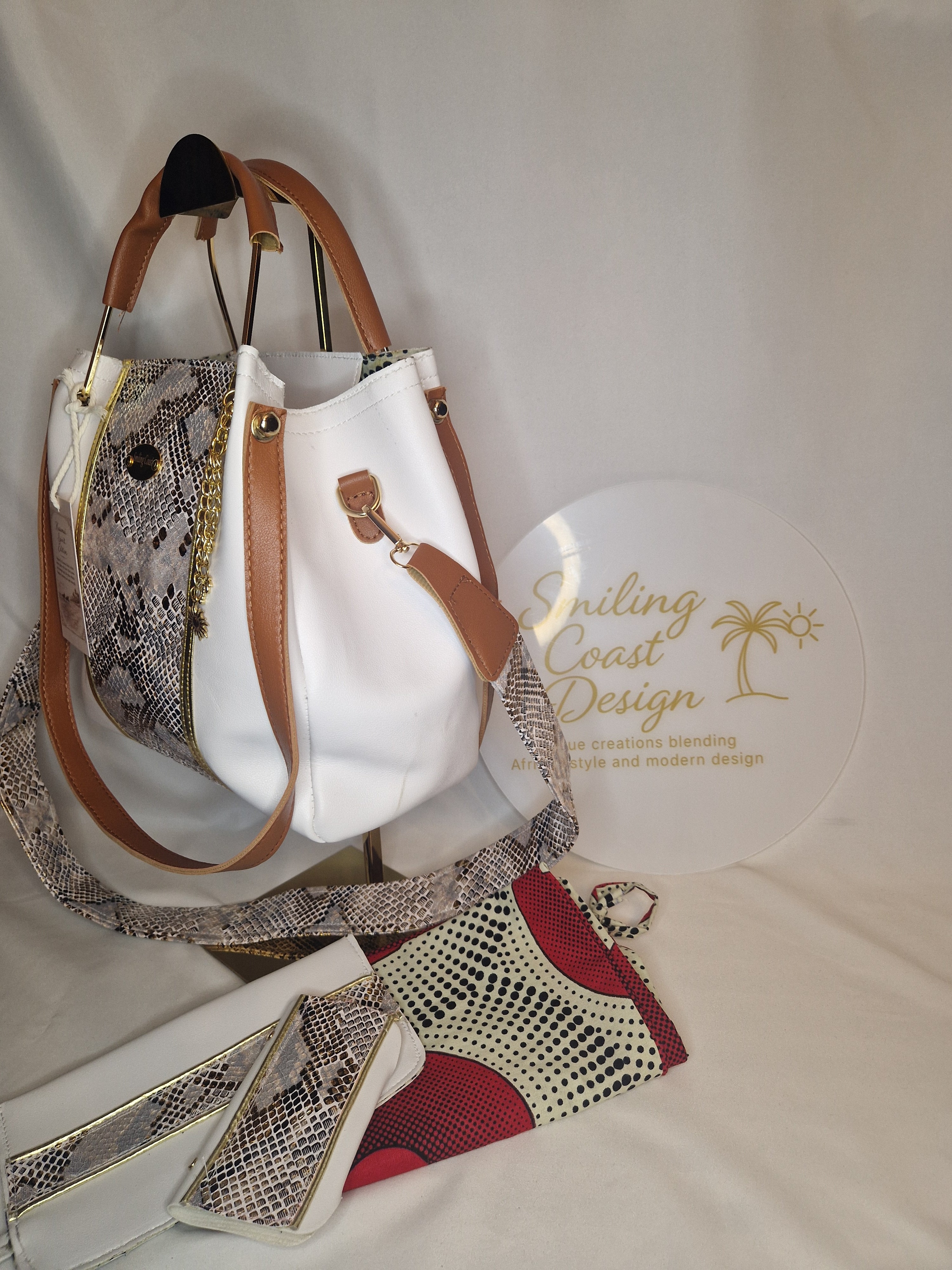 Snakeskinprint Handbag Set – Handmade Vegan Leather & African Wax Print inner lining and matcing dustbag| Kasumai Spirit Edition- Smiling Coast Design