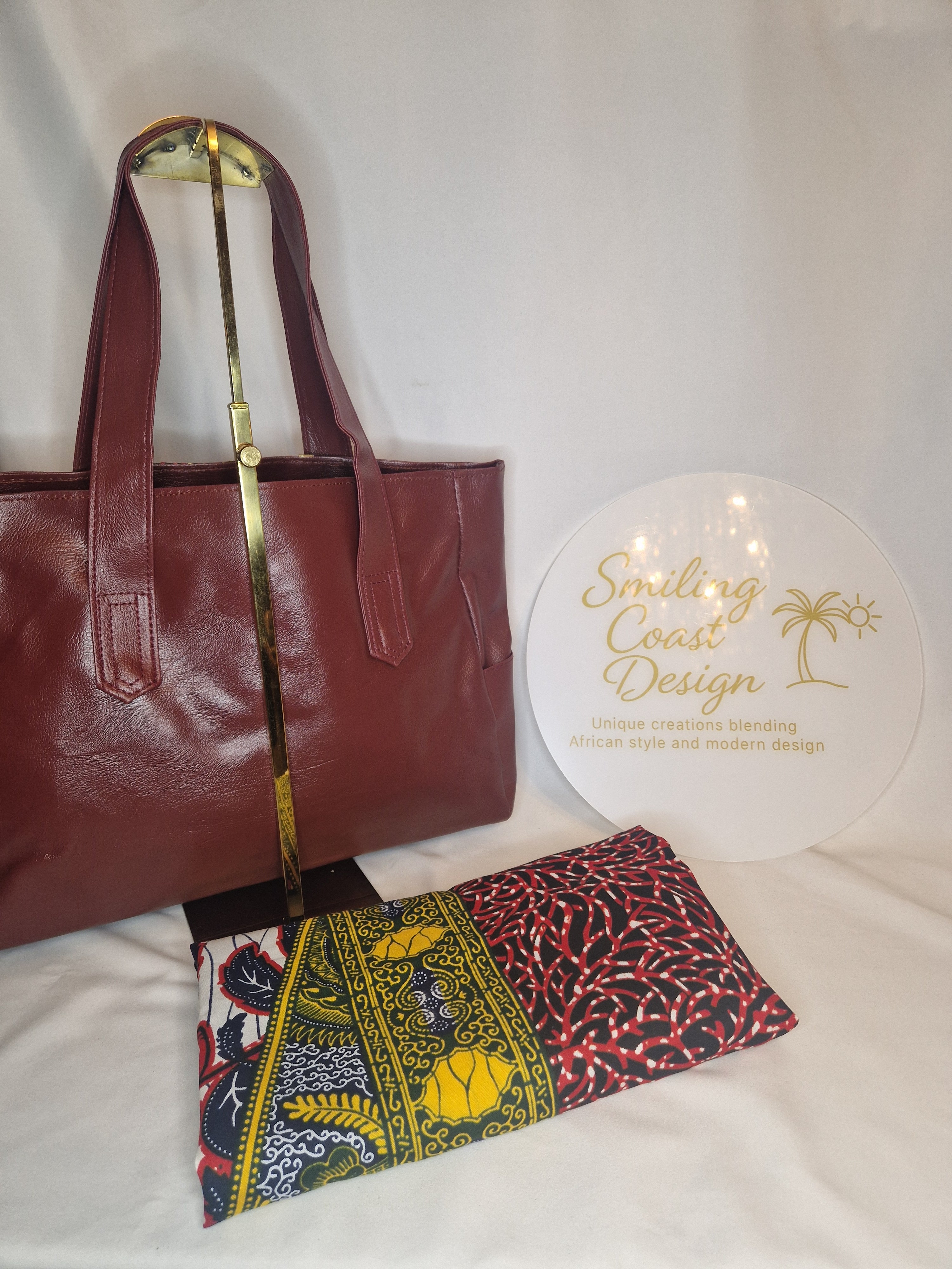 African waxprint Totebag – Handmade Vegan Leather & African Wax Print |Sanyang Sunset Edition- Smiling Coast Design