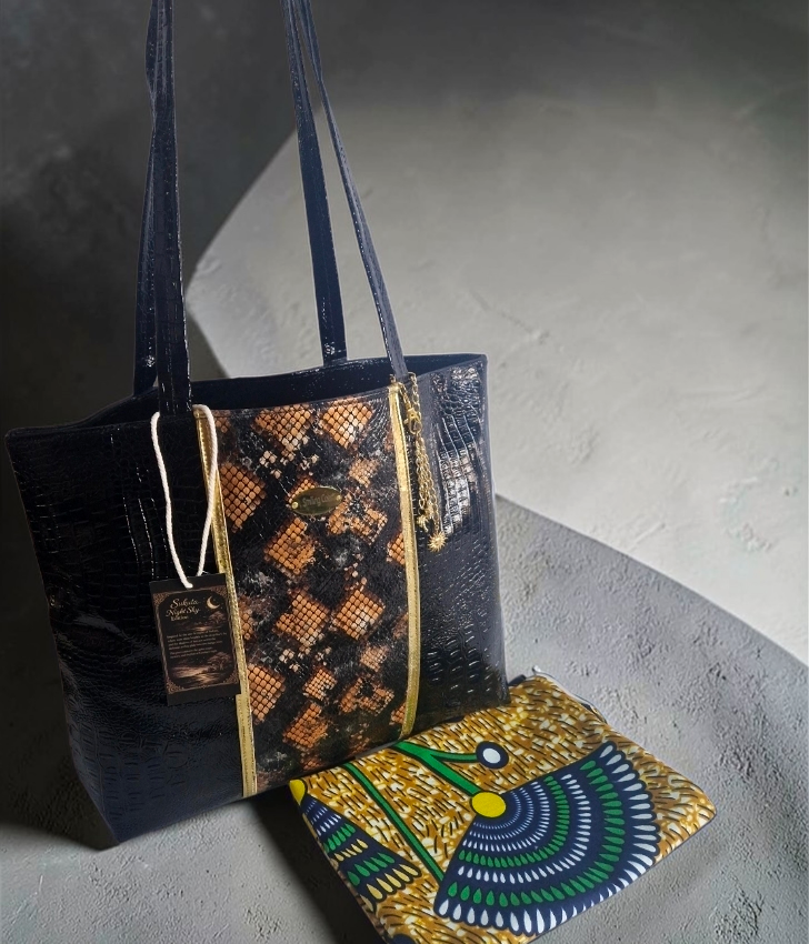 Snake Print Tote Bag – Handmade Vegan Leather Bag with African waxprint lining inside and matching waxprint dustbag