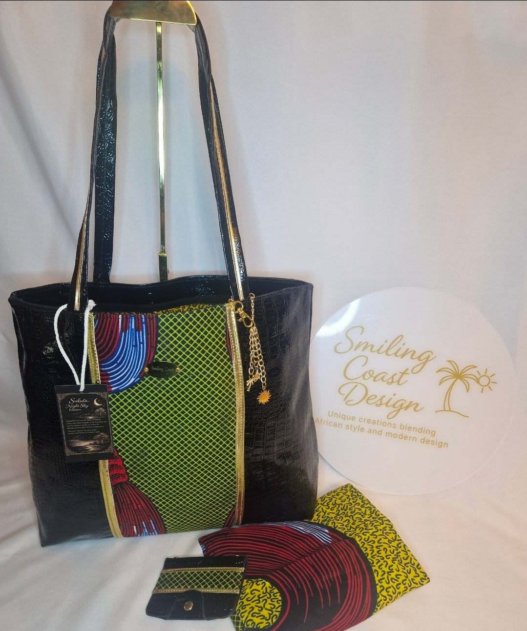 African waxprint Luxury Tote Set – Vegan Leather & African Wax Print |Sukuta Night Sky Edition- Smiling Coast Design