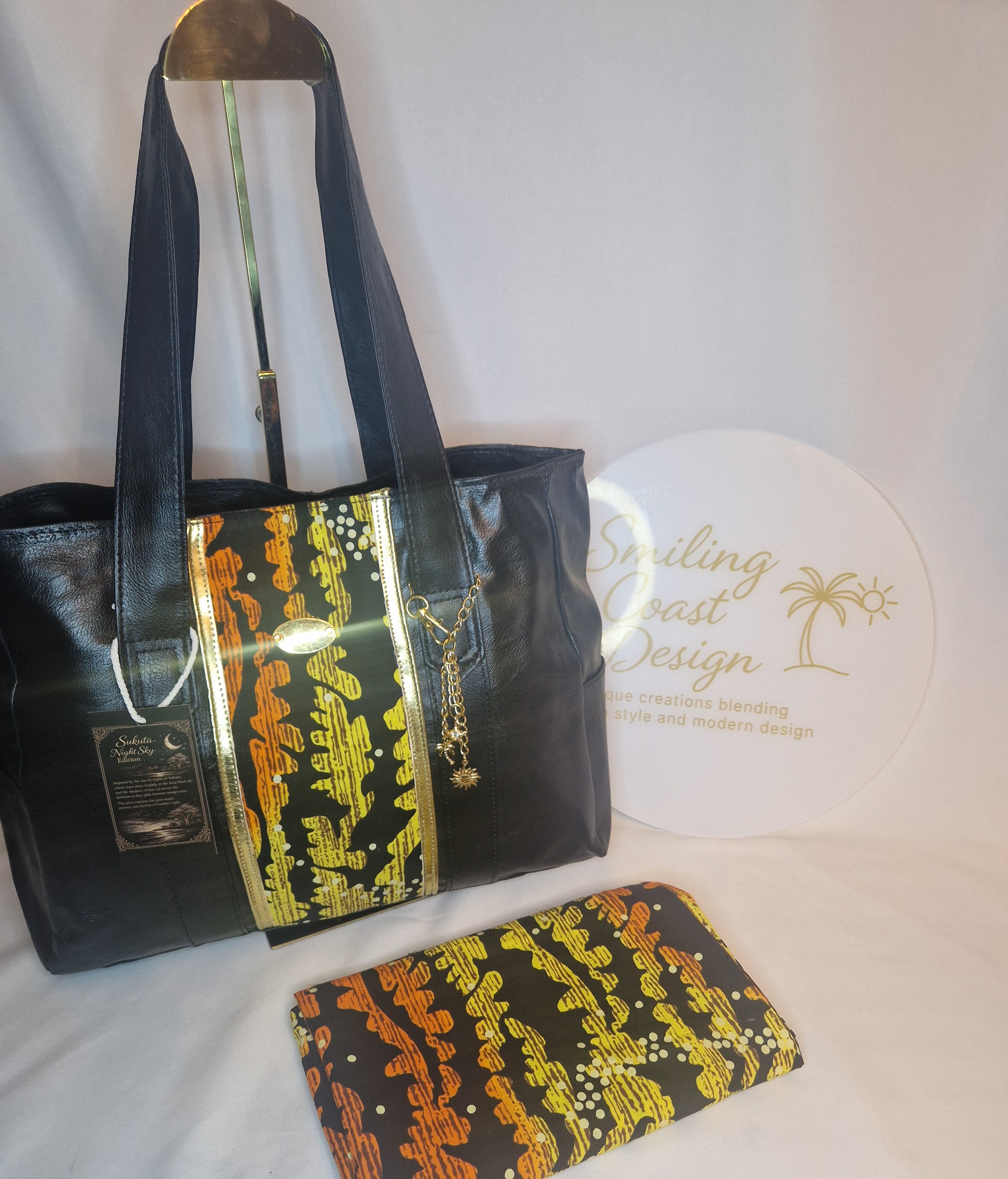 African waxprint Tote Bag – Handmade Vegan Leather & African Wax Print |Sukuta Night Sky Edition Smiling Coast Design