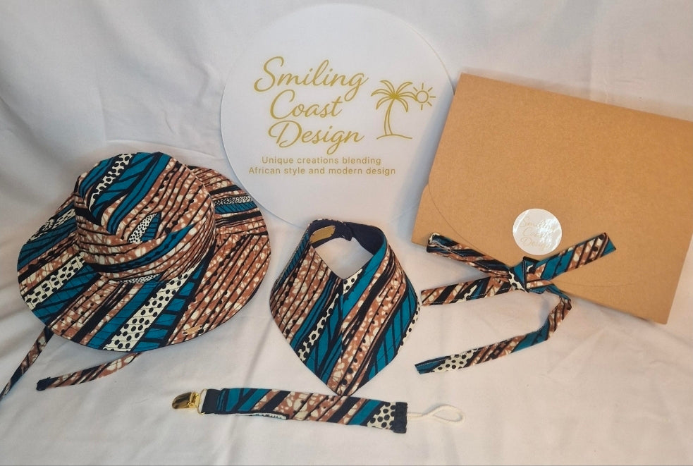 African Wax Print Baby Set –  Sun Hat, Bib & Pacifier Clip