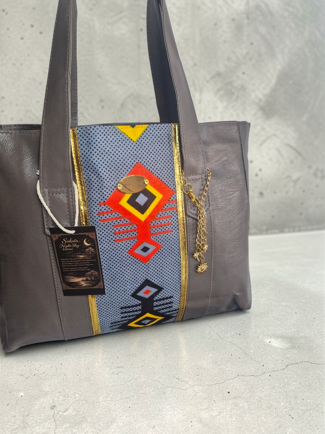 African waxprint Tote Bag – Handmade Vegan Leather  |Sukuta Night Sky Edition Smiling Coast Design