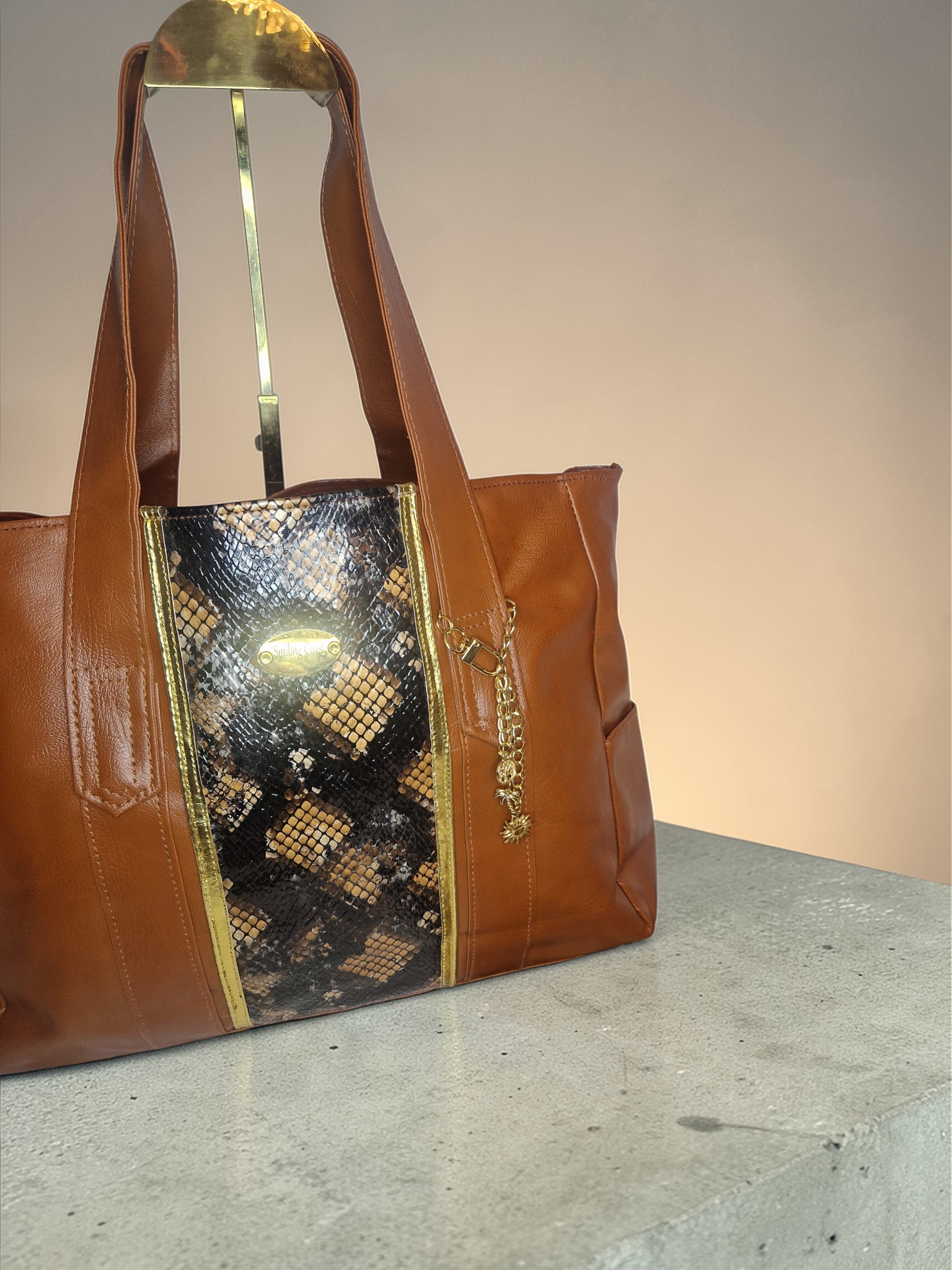Snakeskin-print/Warm brown Tote – Handmade Vegan Leather & African Wax Print inside lining |Everlasting Baobab Edition