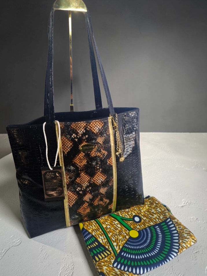 Snake Print Tote Bag – Handmade Vegan Leather Bag with African waxprint lining inside and matching waxprint dustbag