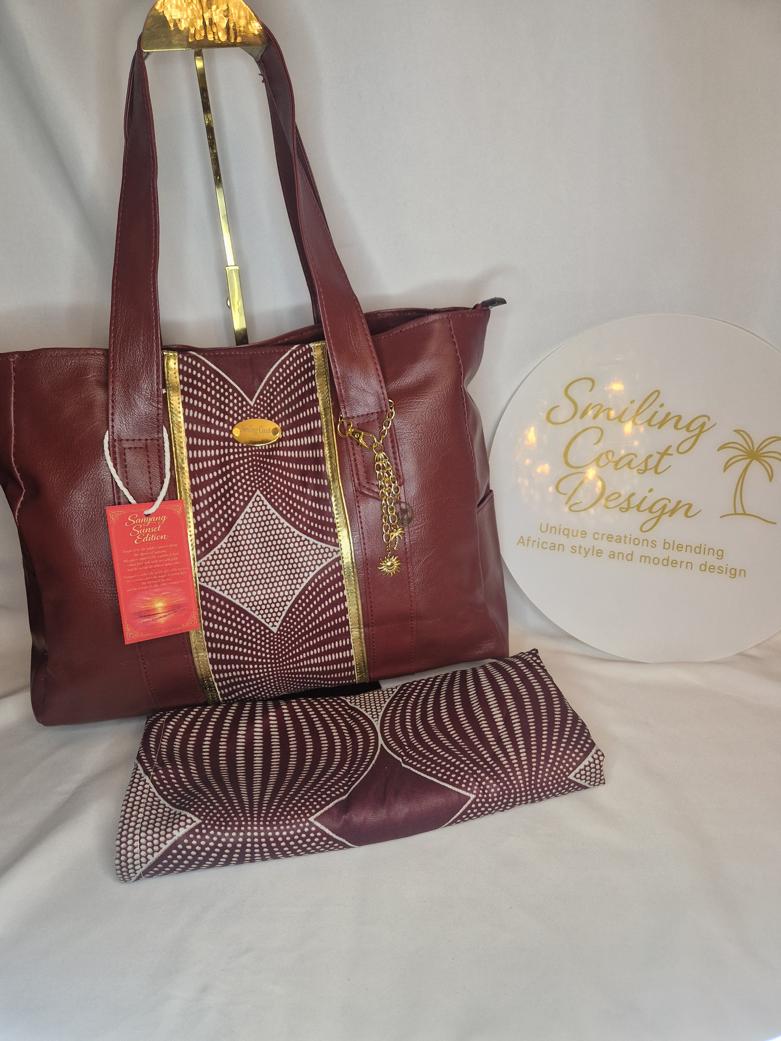 African waxprint Tote – Handmade Vegan Leather & African Wax Print |Sanyang Sunset Edition- Smiling Coast Design