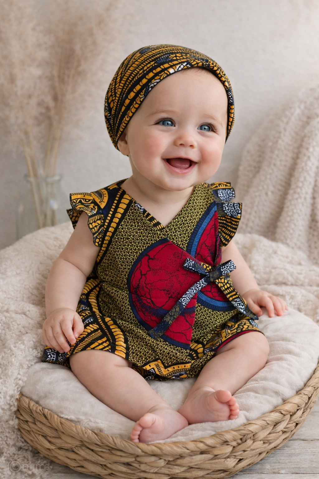 African Wax Print Baby Dress and headwrap-set size 0-4 month.
