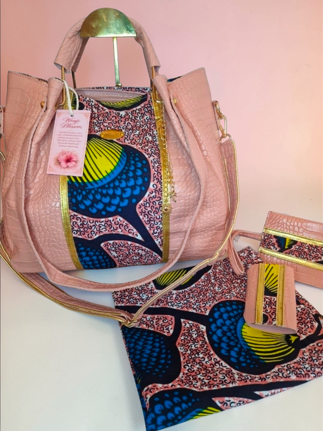 African Wax Print and faux leather Handbag Set – Matching Wallet & Clutch – Blossom Wonjo Edition