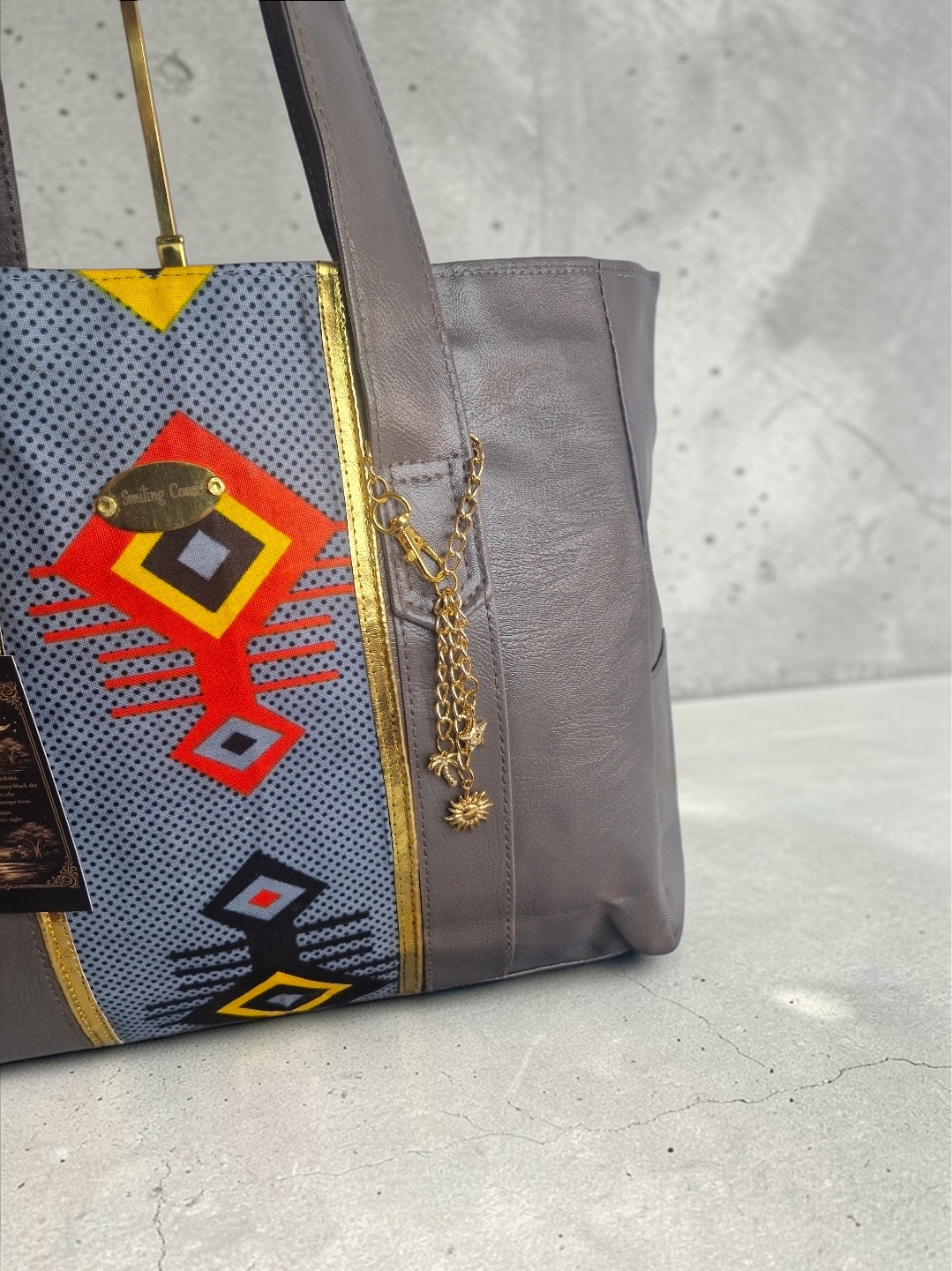 African waxprint Tote Bag – Handmade Vegan Leather  |Sukuta Night Sky Edition Smiling Coast Design