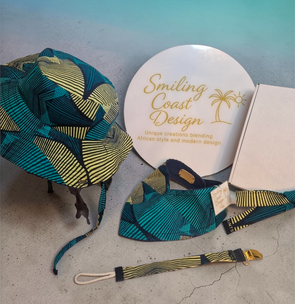 African Wax Print Baby Set -Sun Hat, Bib & Pacifier Clip