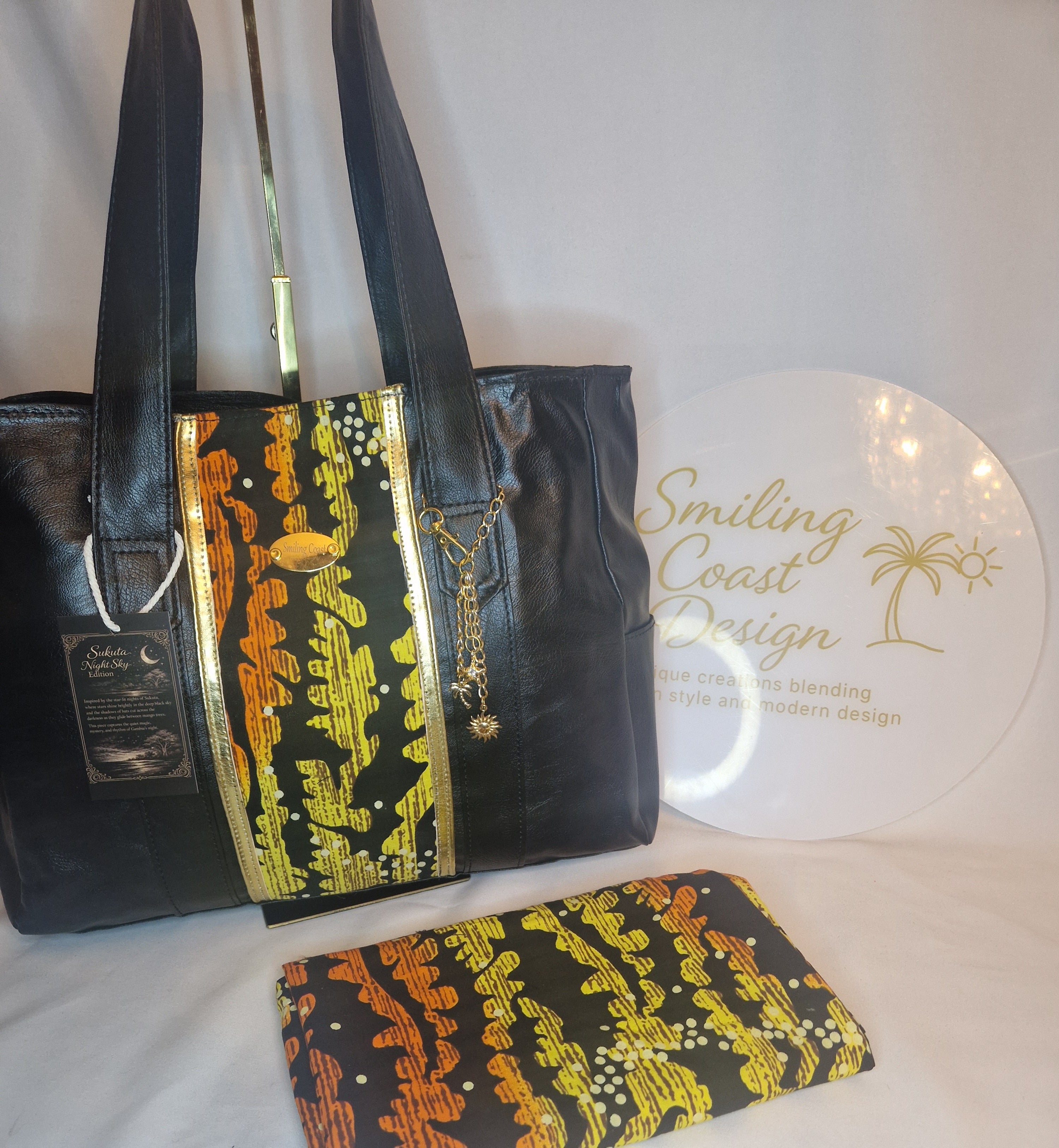 African waxprint Tote Bag – Handmade Vegan Leather & African Wax Print |Sukuta Night Sky Edition Smiling Coast Design