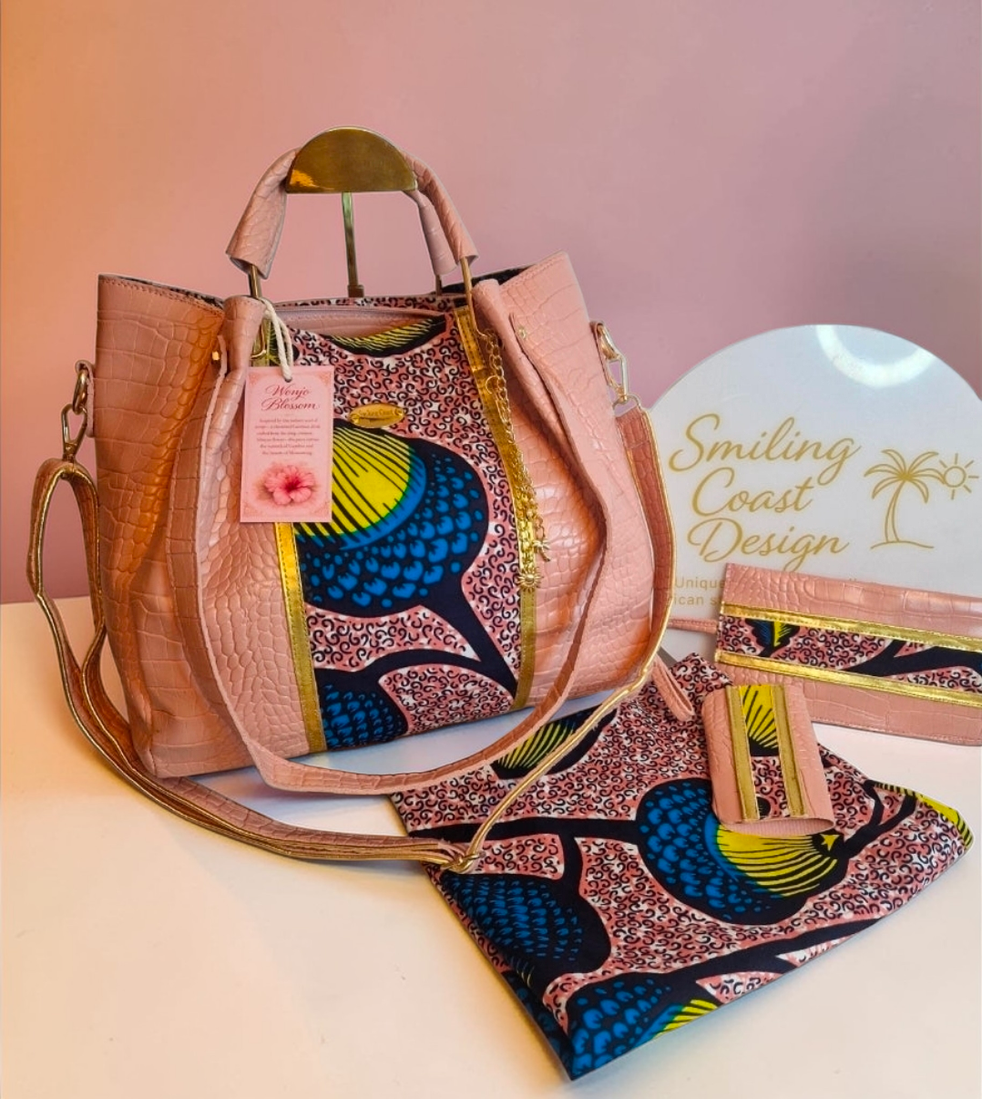 African Wax Print and faux leather Handbag Set – Matching Wallet & Clutch – Blossom Wonjo Edition