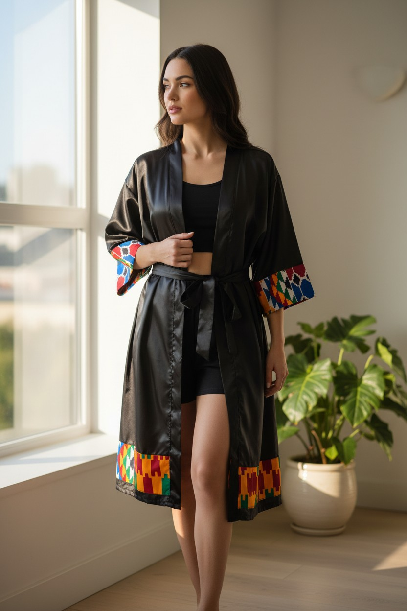 African Wax Print/Black Satin Kimono Robe