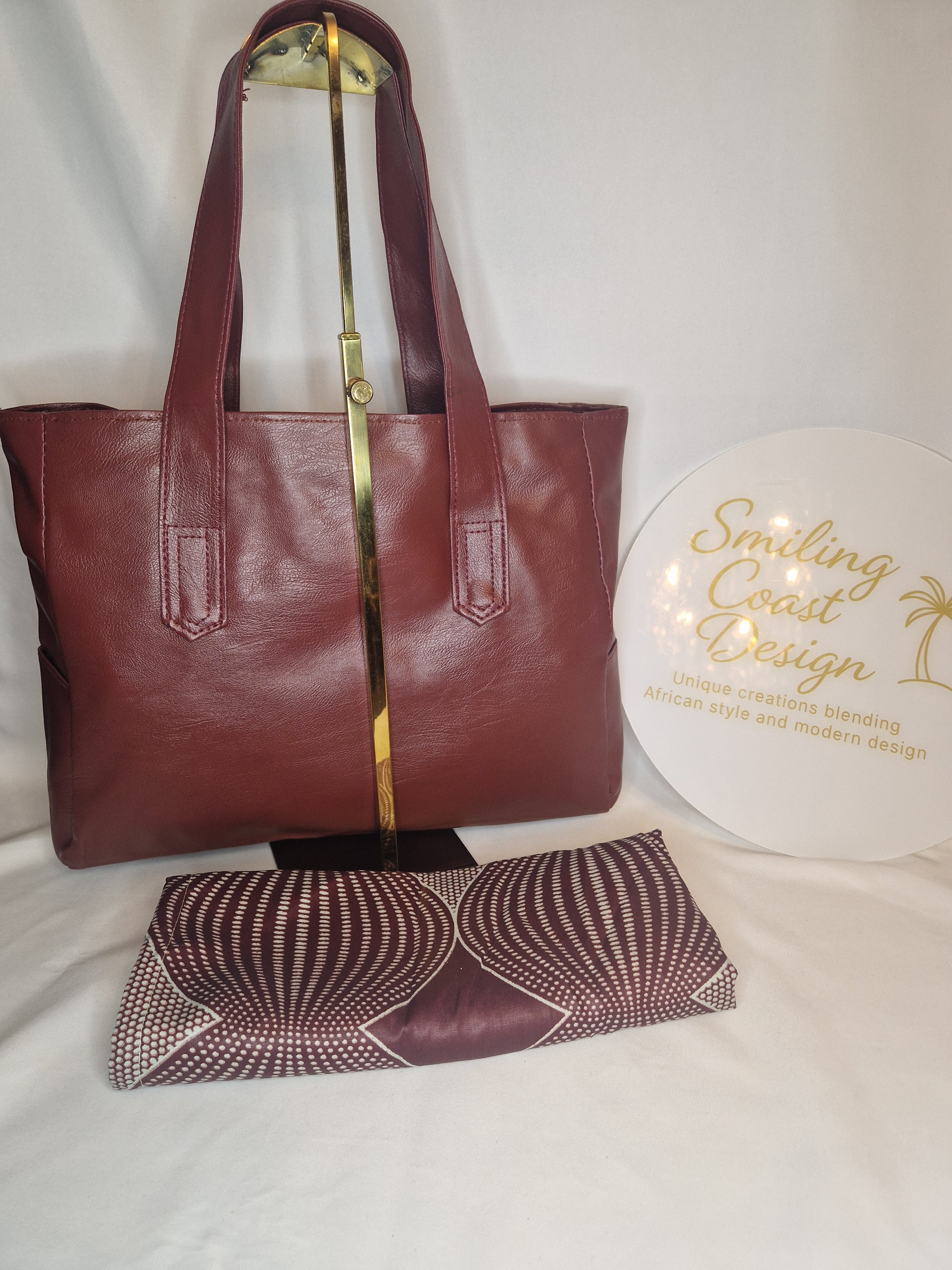 African waxprint Tote – Handmade Vegan Leather & African Wax Print |Sanyang Sunset Edition- Smiling Coast Design