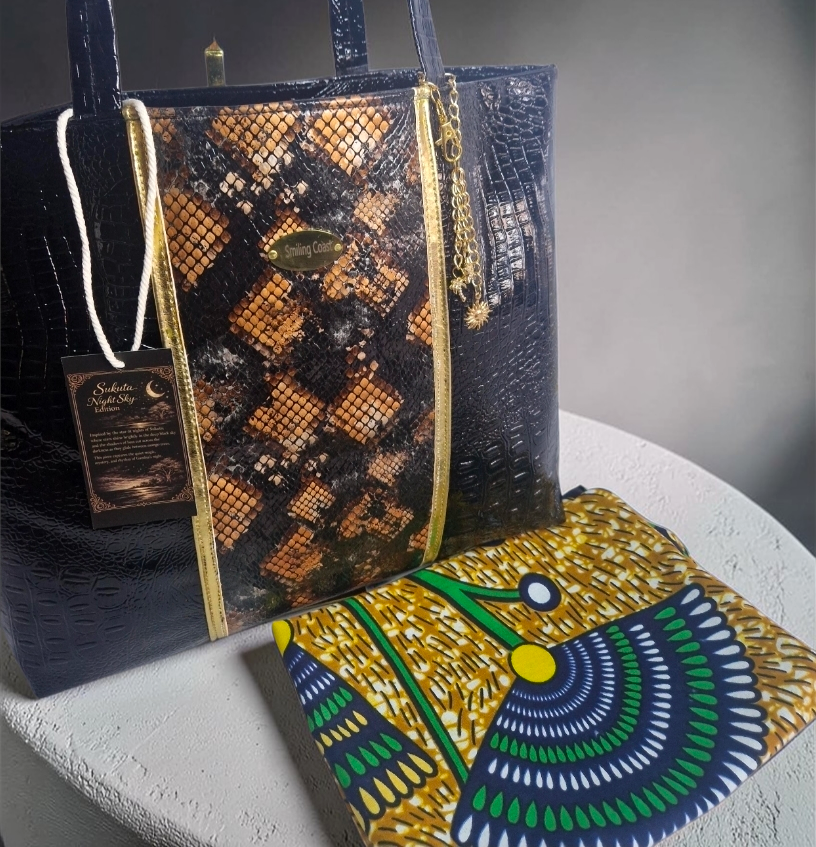 Snake Print Tote Bag – Handmade Vegan Leather Bag with African waxprint lining inside and matching waxprint dustbag