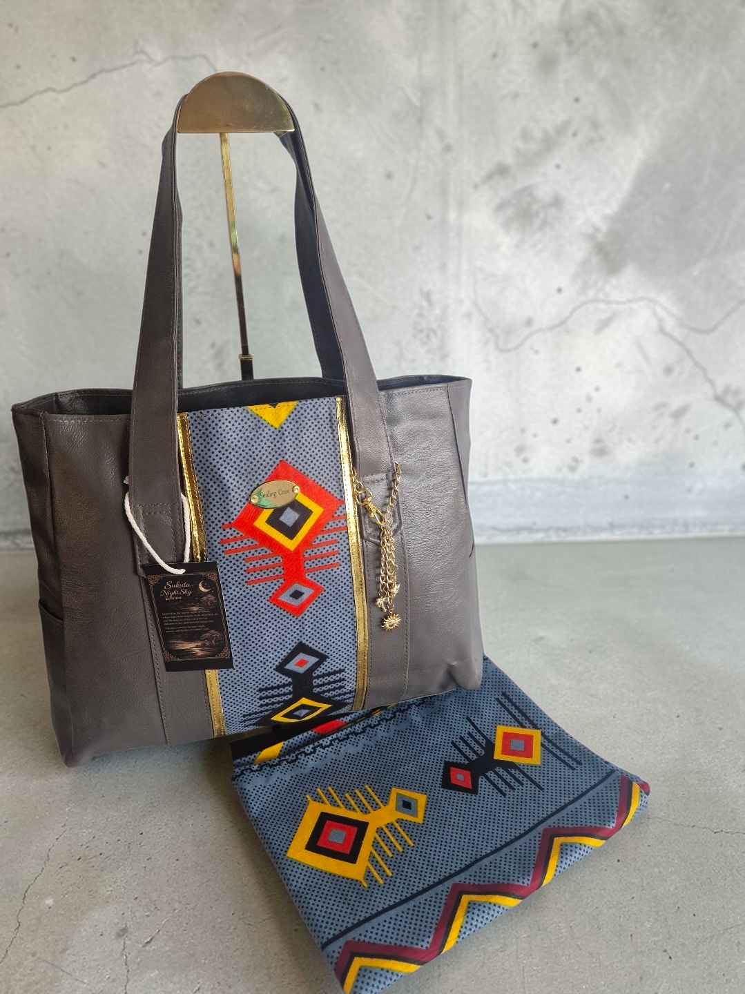 African waxprint Tote Bag – Handmade Vegan Leather  |Sukuta Night Sky Edition Smiling Coast Design