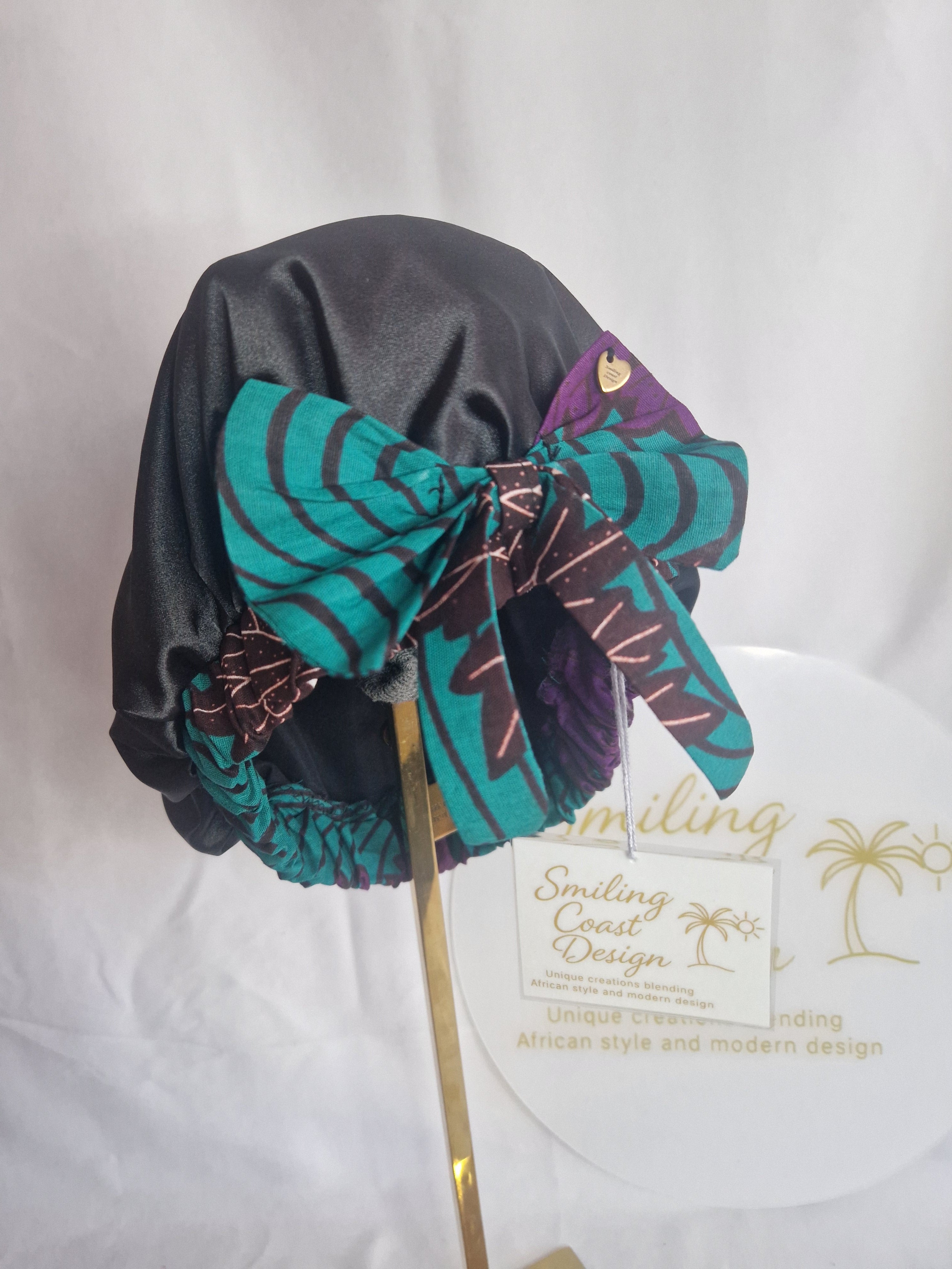 African Wax Print /Black Satin Bonnet – Hair Cap