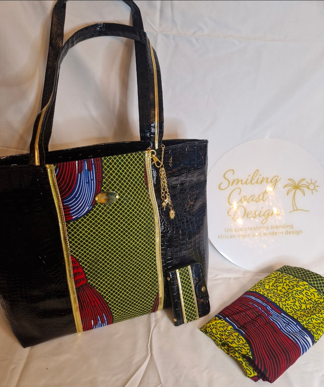 African waxprint Luxury Tote Set – Vegan Leather & African Wax Print |Sukuta Night Sky Edition- Smiling Coast Design