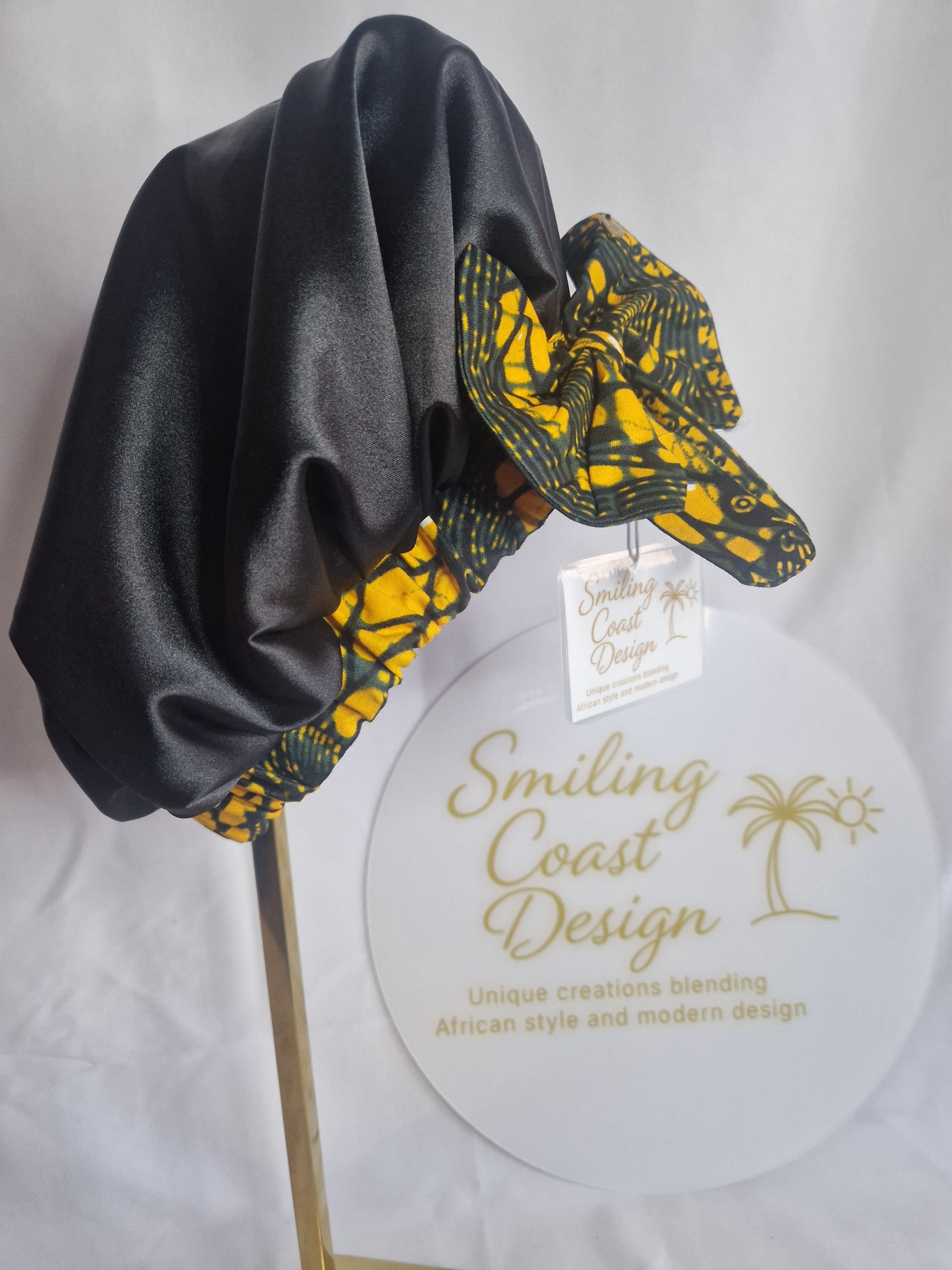 African Wax Print /Black Satin Bonnet – Hair Cap