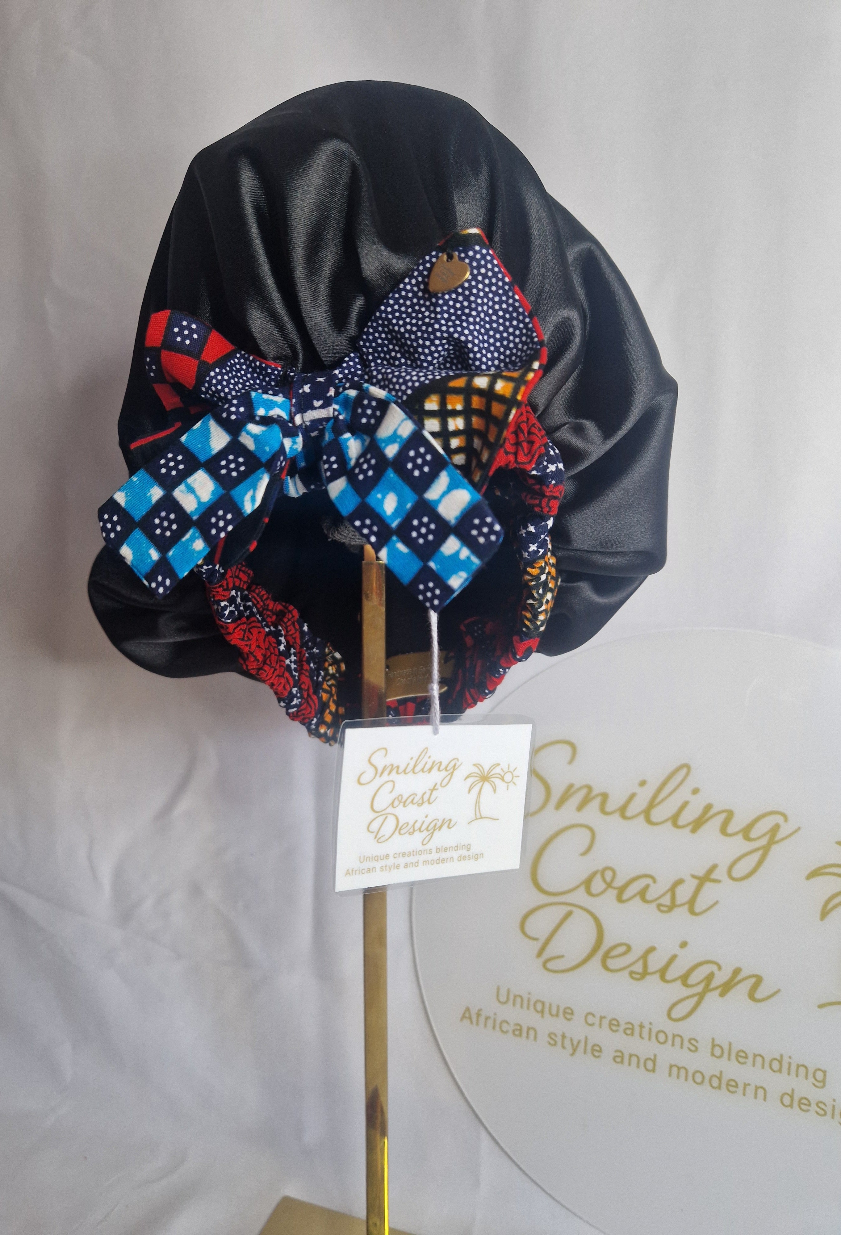 African Wax Print /Black Satin Bonnet – Hair Cap