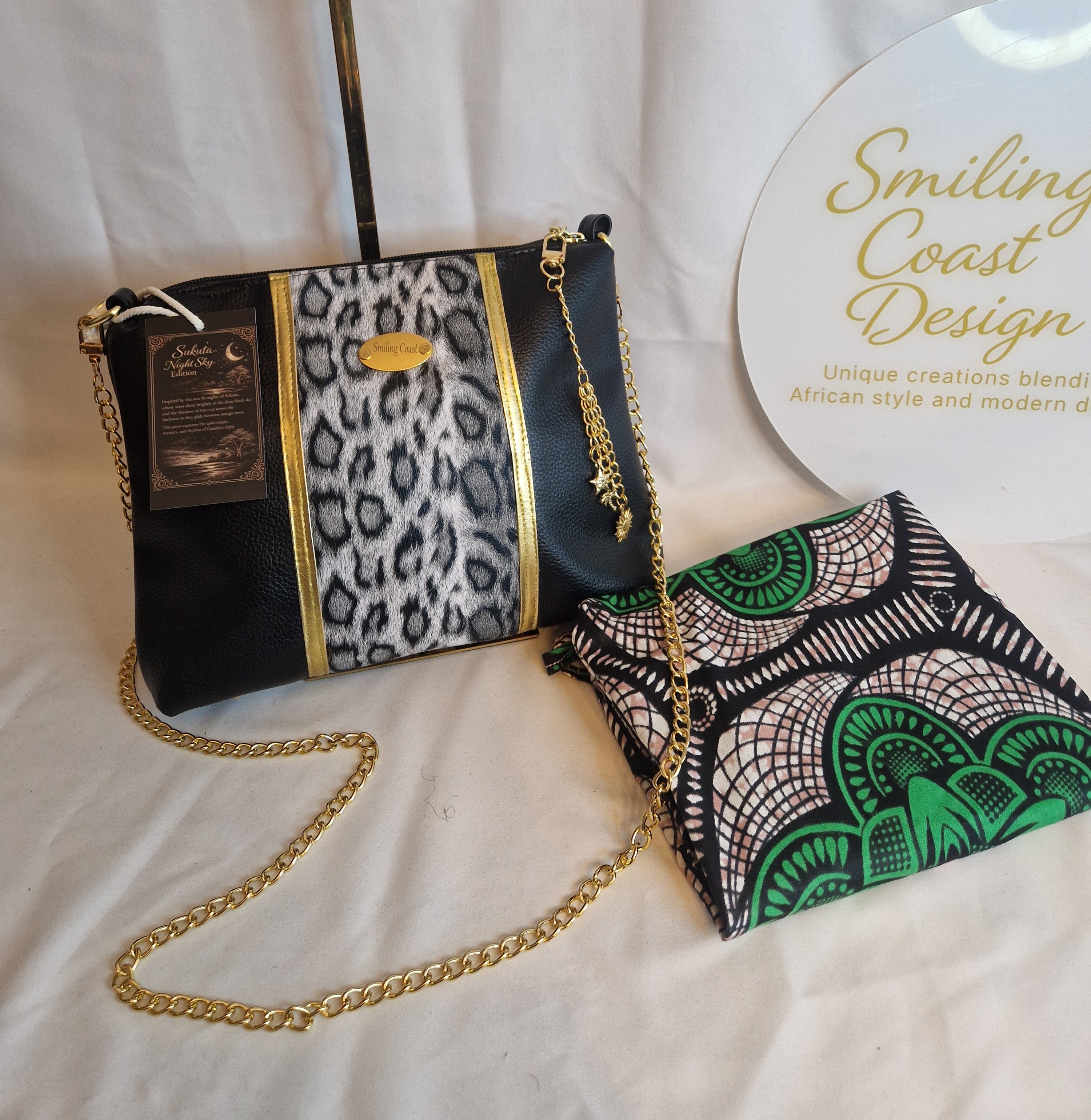 Animalprint Crossbody Bag – Vegan Leather with African Wax Print Lining | Smiling Coast Design