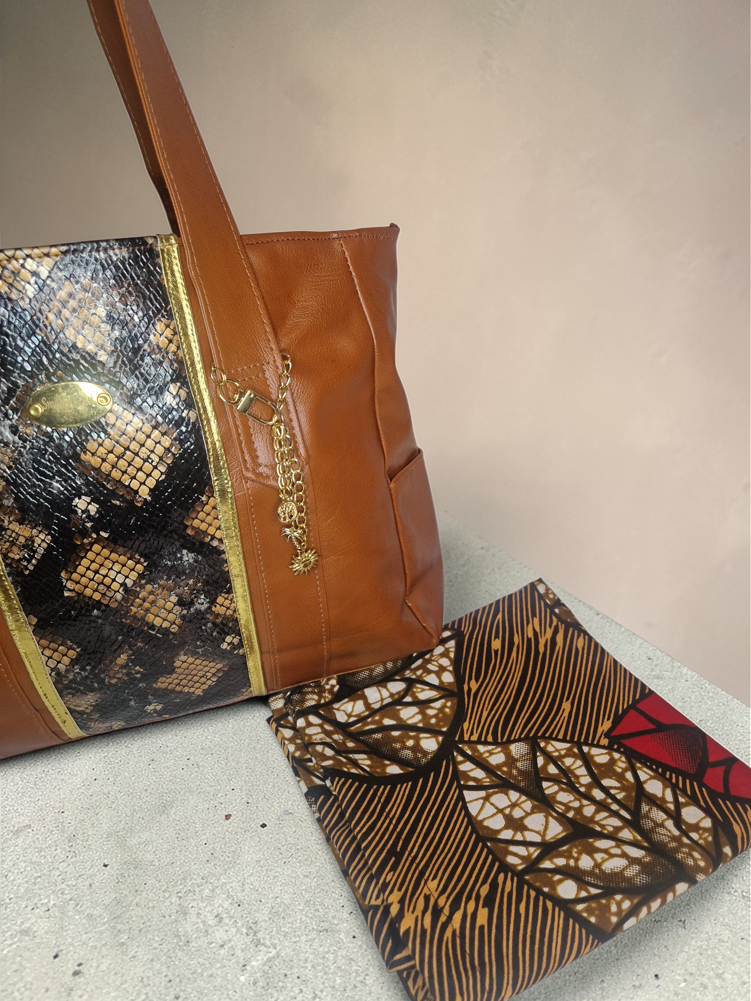 Snakeskin-print/Warm brown Tote – Handmade Vegan Leather & African Wax Print inside lining |Everlasting Baobab Edition
