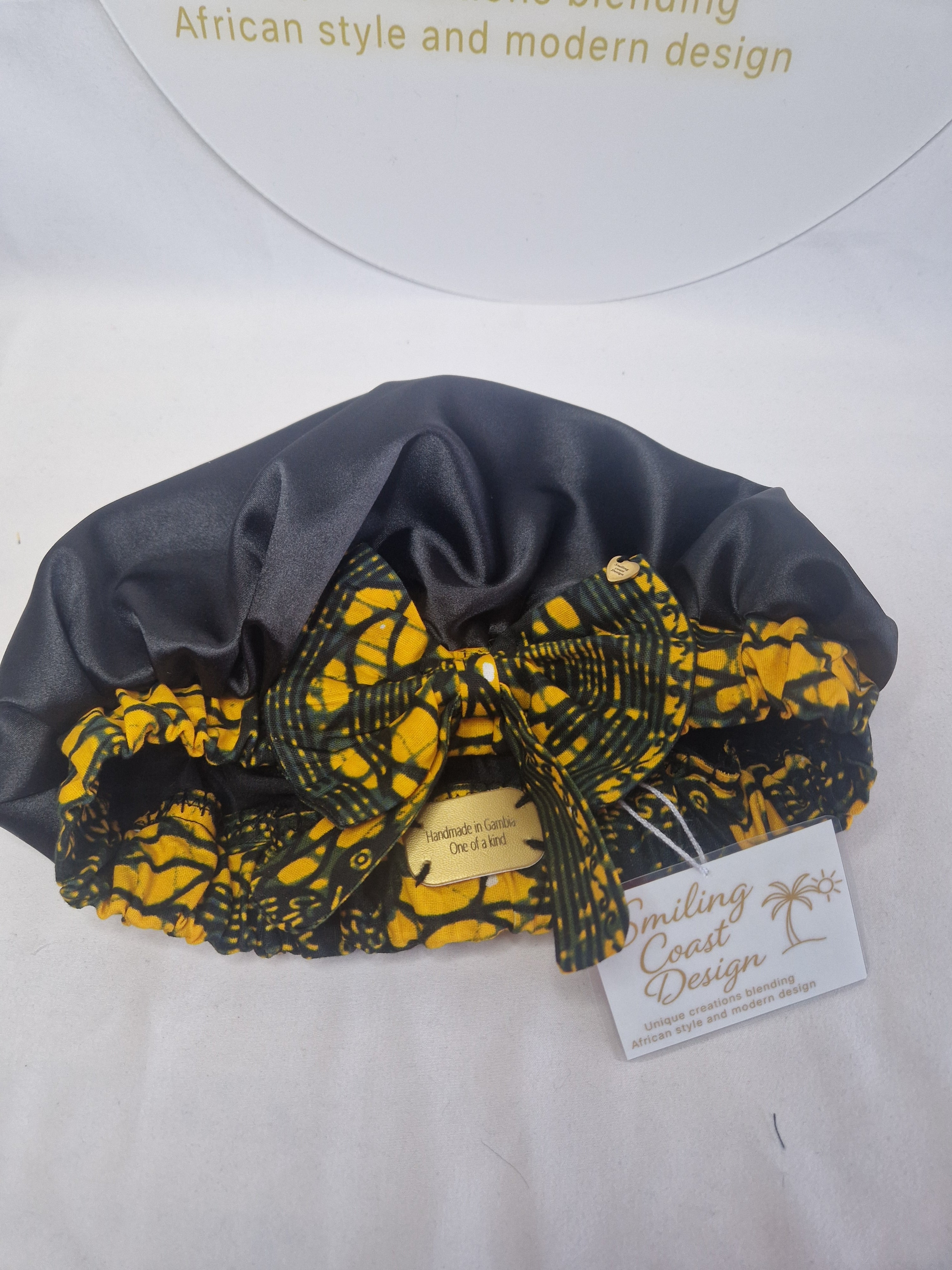 African Wax Print /Black Satin Bonnet – Hair Cap