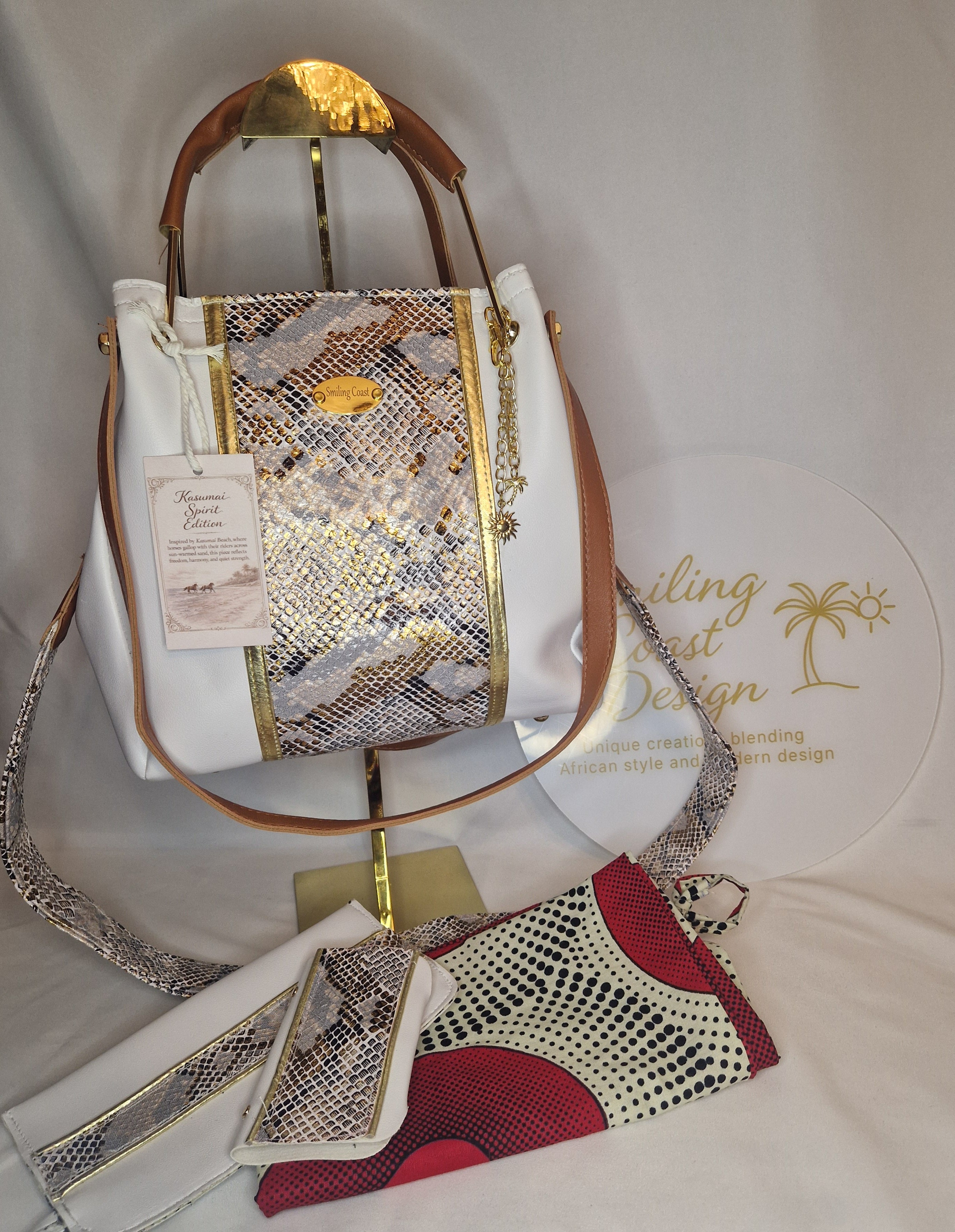 Snakeskinprint Handbag Set – Handmade Vegan Leather & African Wax Print inner lining and matcing dustbag| Kasumai Spirit Edition- Smiling Coast Design