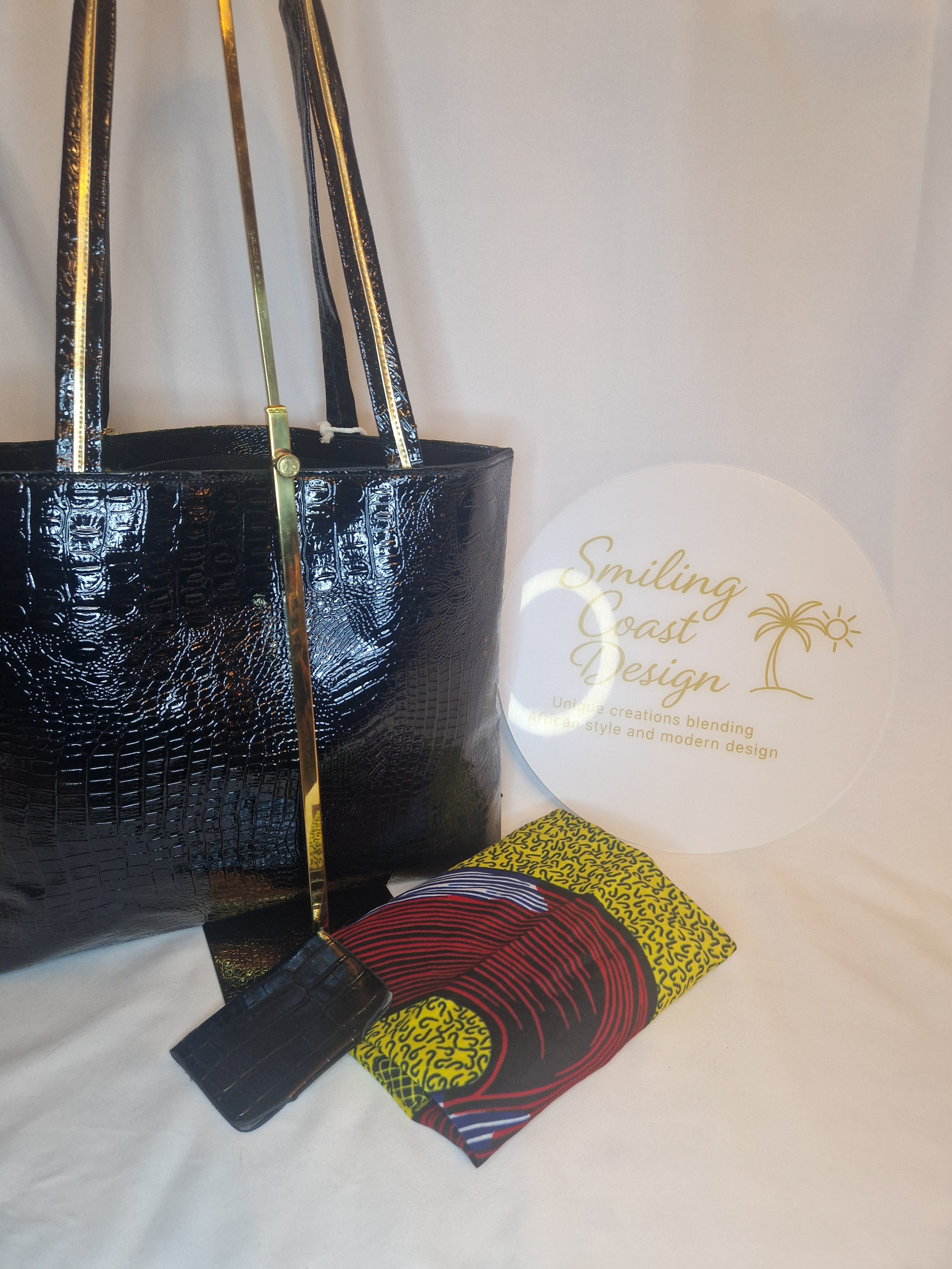 African waxprint Luxury Tote Set – Vegan Leather & African Wax Print |Sukuta Night Sky Edition- Smiling Coast Design