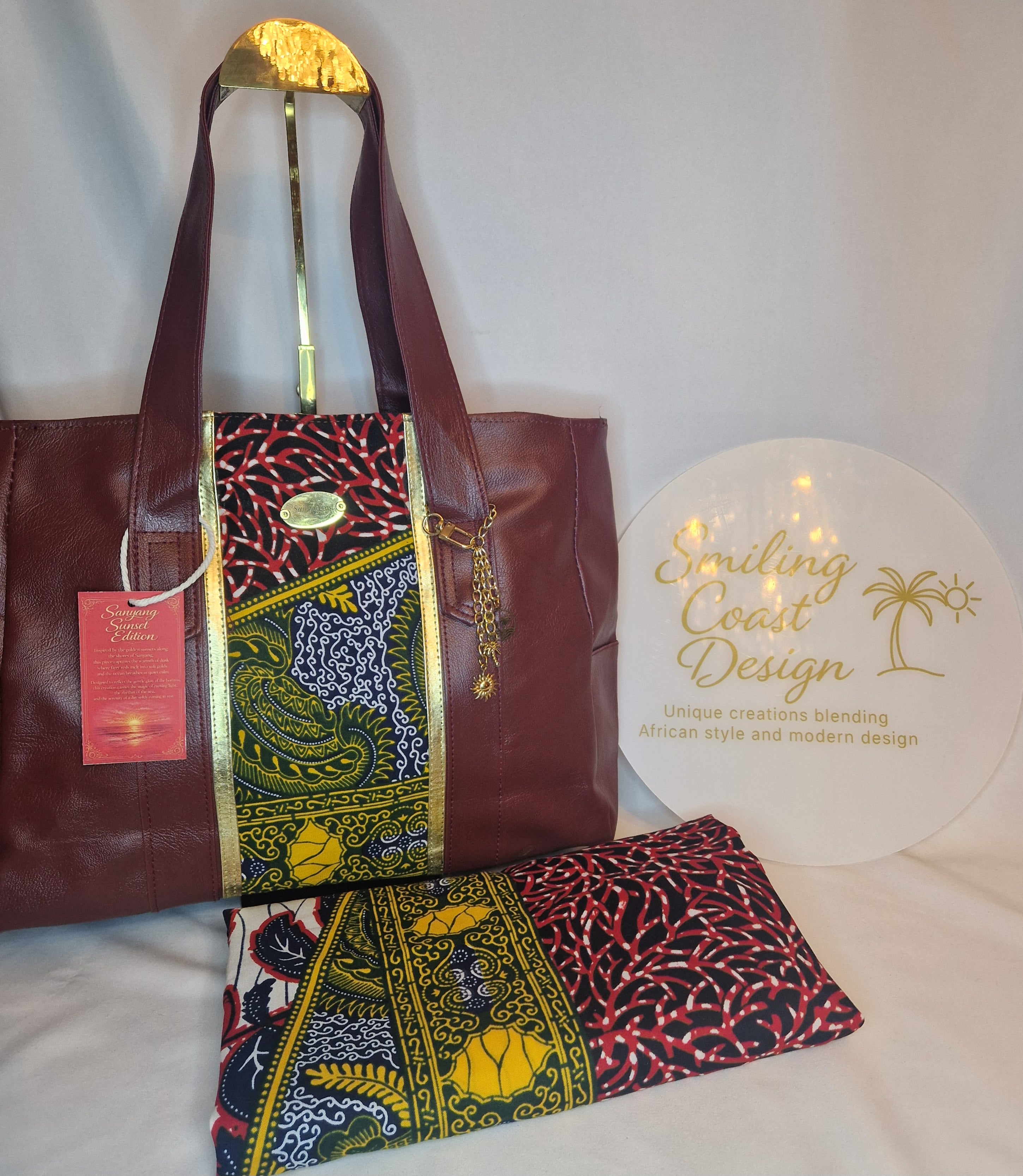 African waxprint Totebag – Handmade Vegan Leather & African Wax Print |Sanyang Sunset Edition- Smiling Coast Design