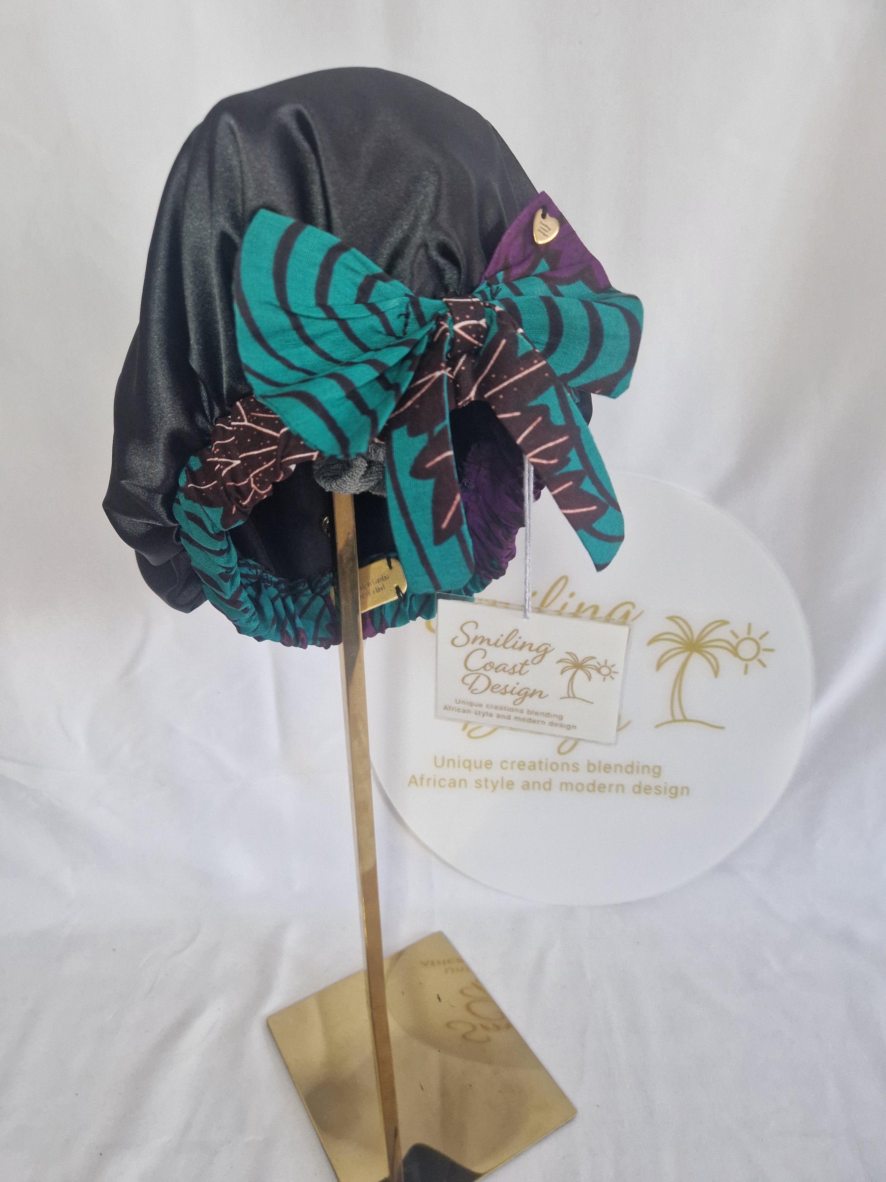 African Wax Print /Black Satin Bonnet – Hair Cap