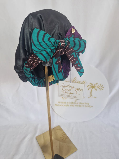 African Wax Print /Black Satin Bonnet – Hair Cap