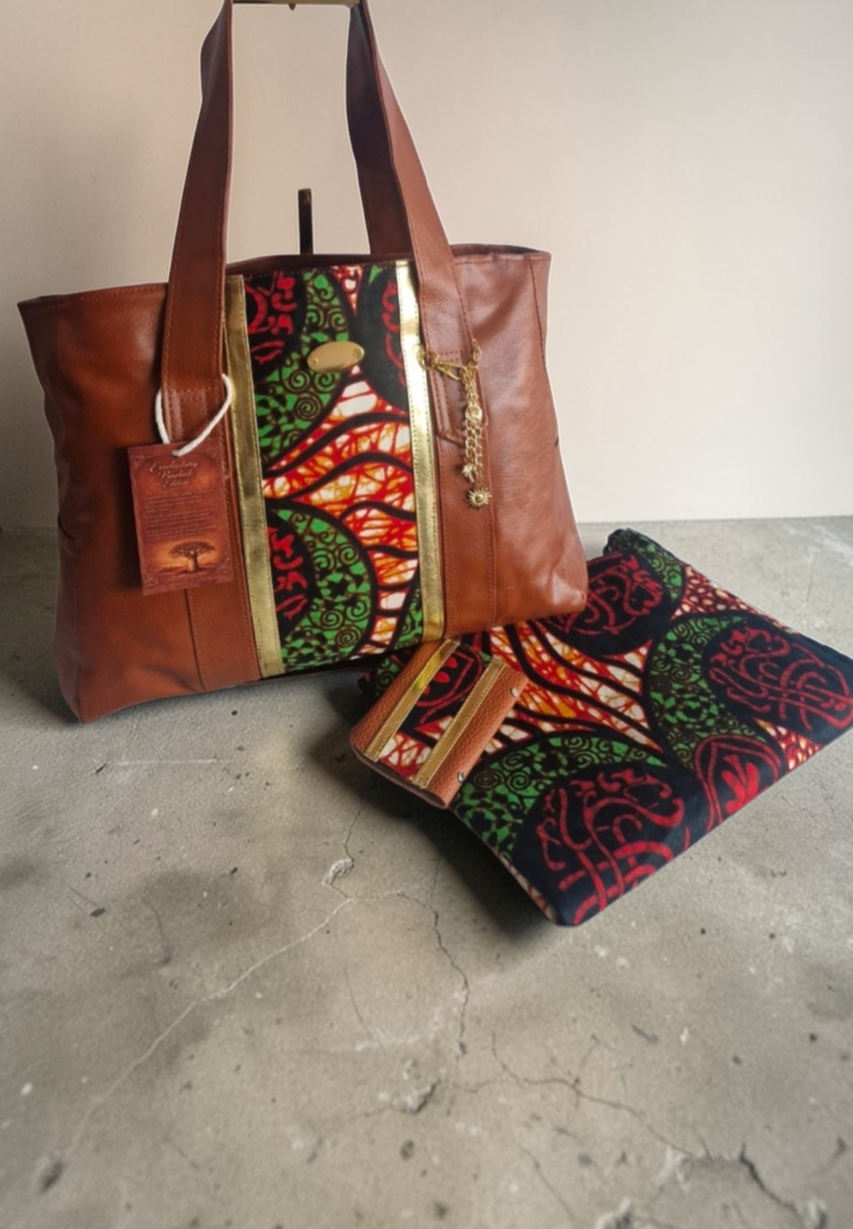 African Wax Print Handmade Vegan Leather Shopper and dustbag- Everlasting Baobab Edition