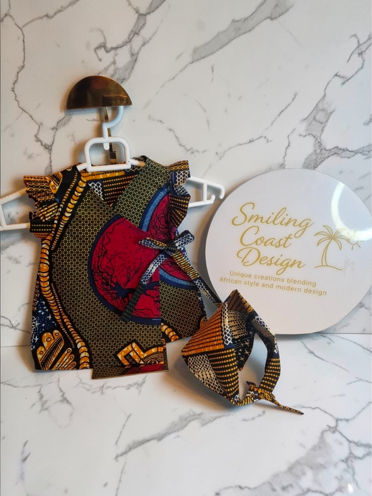 African Wax Print Baby Dress and headwrap-set size 0-4 month.