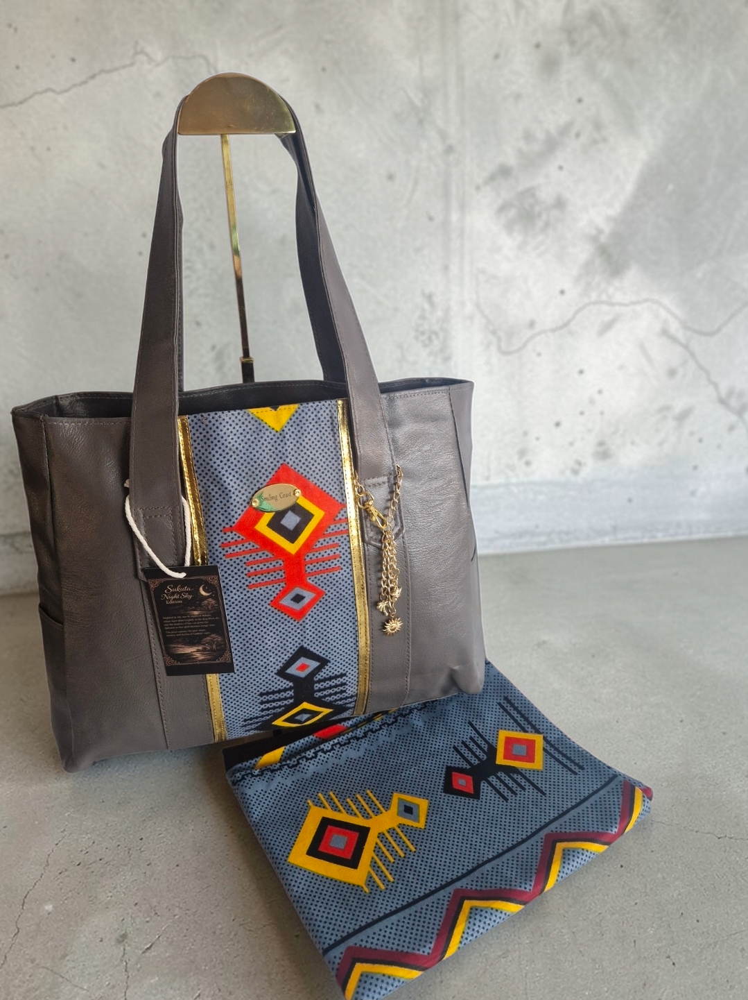 African waxprint Tote Bag – Handmade Vegan Leather  |Sukuta Night Sky Edition Smiling Coast Design