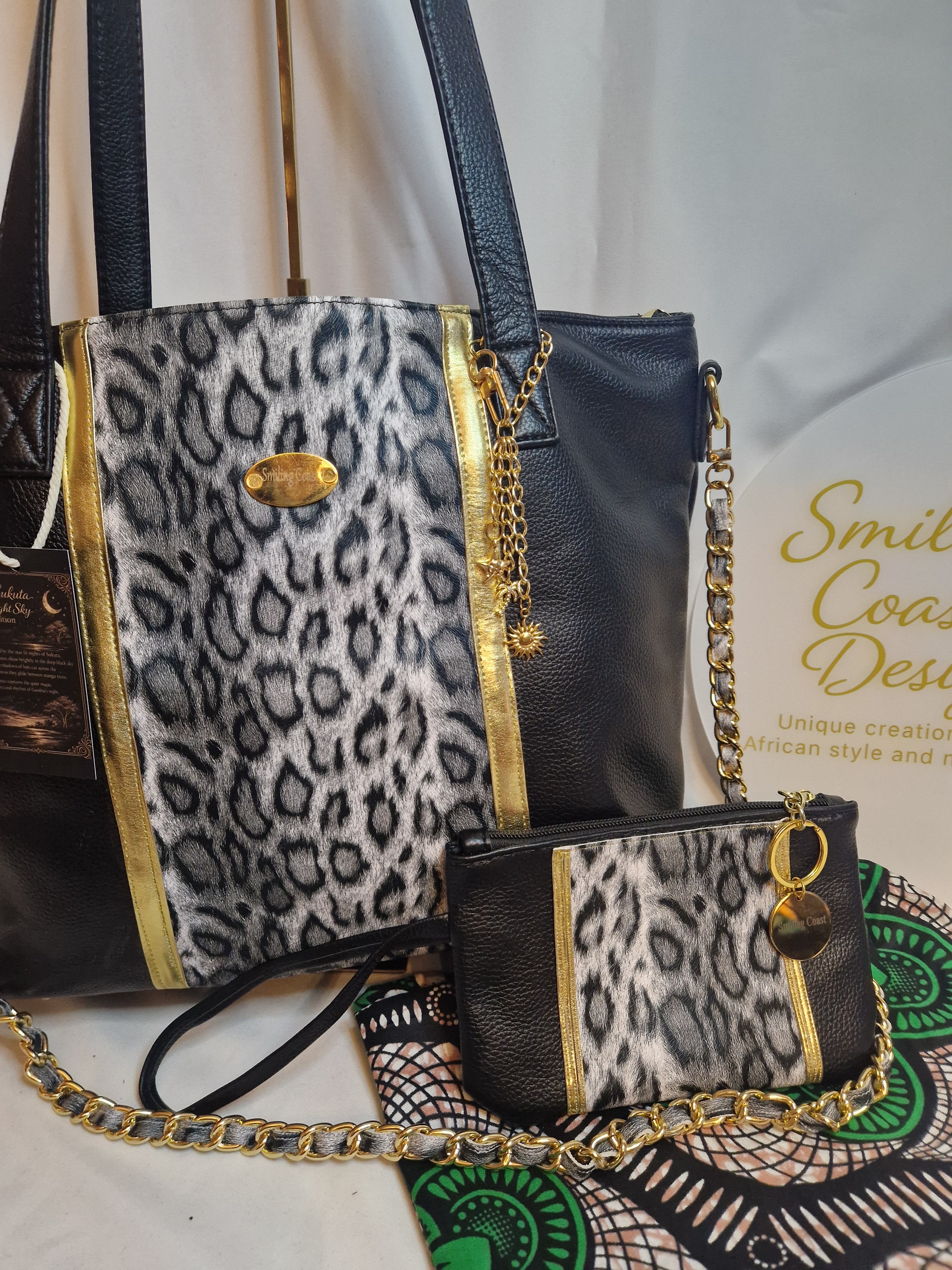 Luxury Animal Print Tote Bag Set with Wallet /African waxprint inside and matching waxprint dustbag