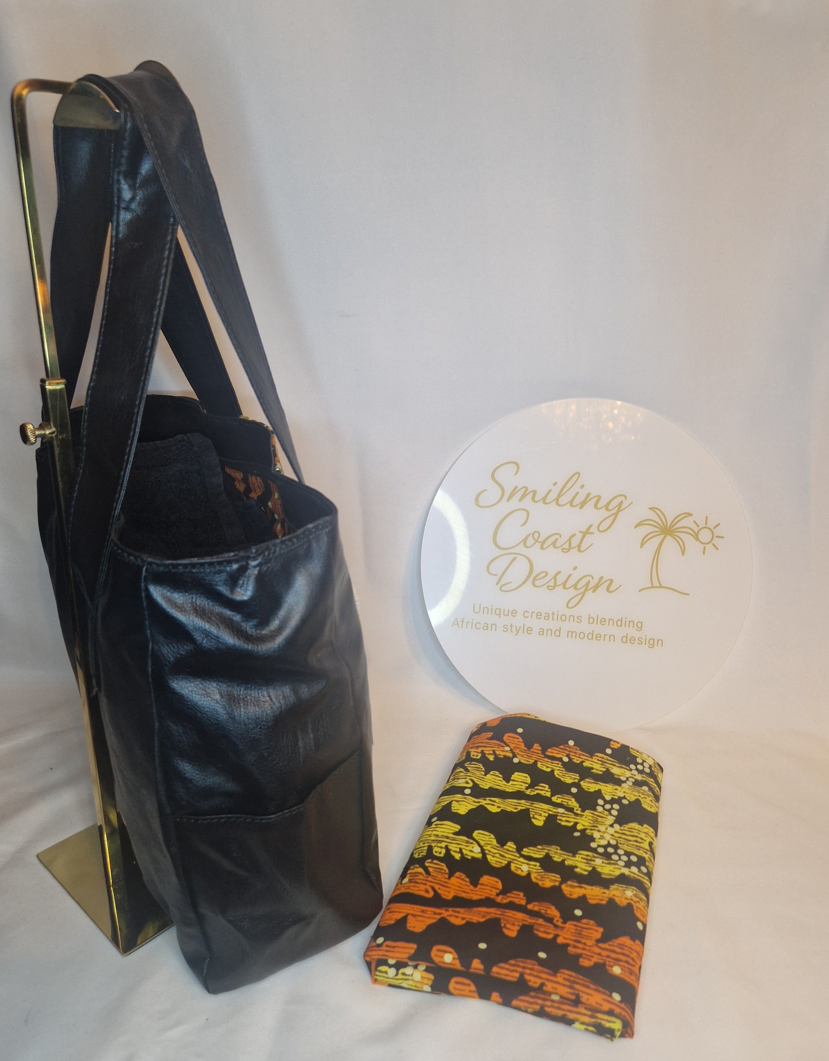 African waxprint Tote Bag – Handmade Vegan Leather & African Wax Print |Sukuta Night Sky Edition Smiling Coast Design