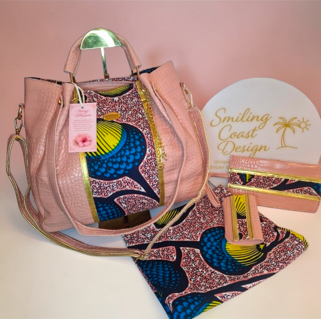 African Wax Print and faux leather Handbag Set – Matching Wallet & Clutch – Blossom Wonjo Edition