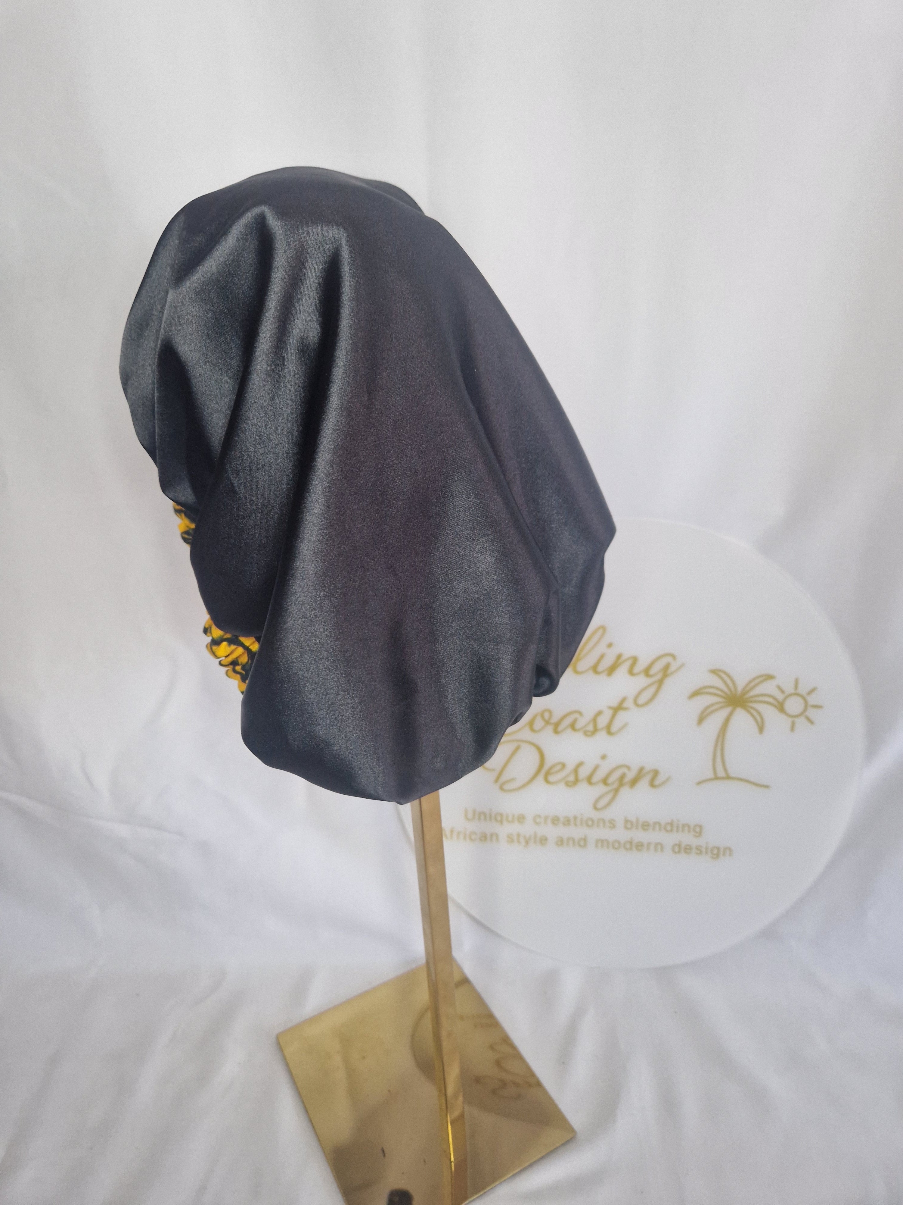 African Wax Print /Black Satin Bonnet – Hair Cap