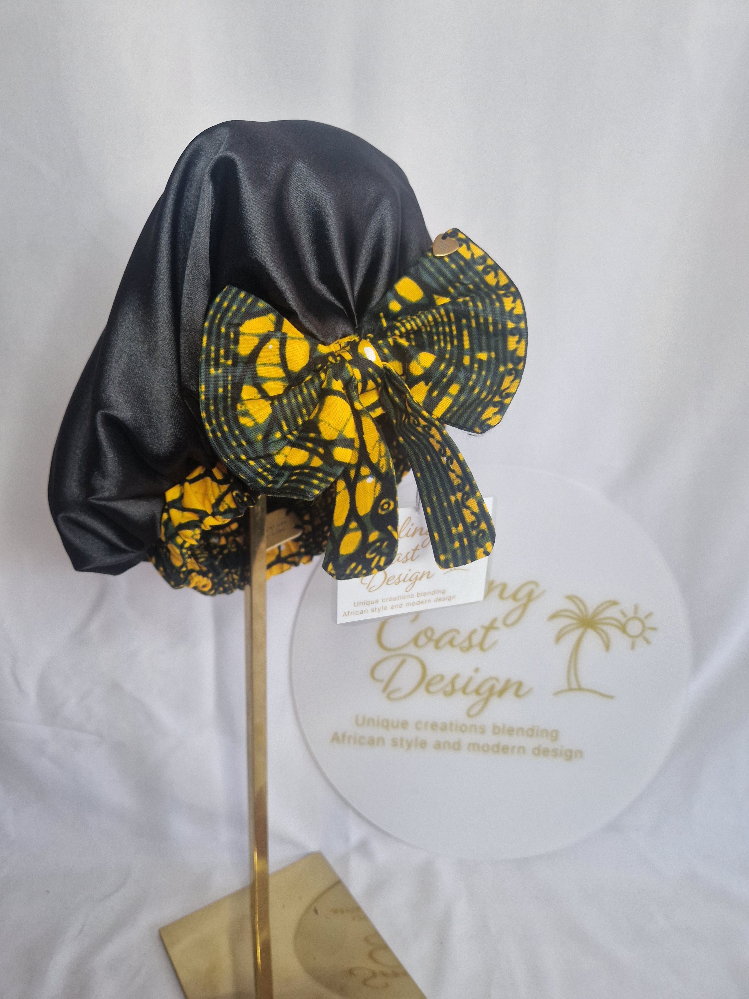 African Wax Print /Black Satin Bonnet – Hair Cap