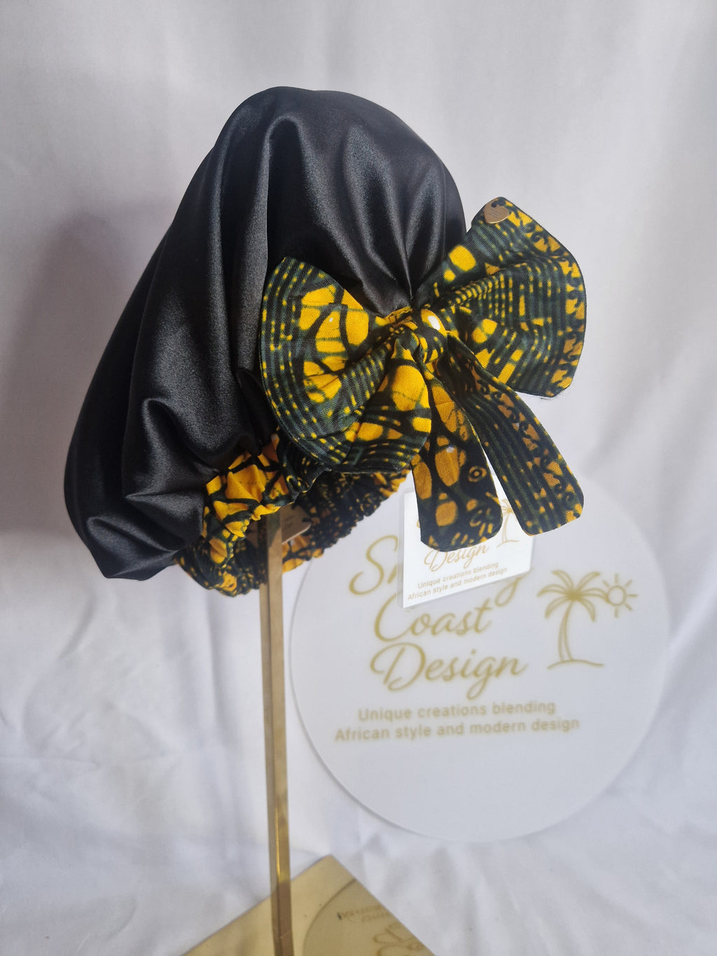 African Wax Print /Black Satin Bonnet – Hair Cap