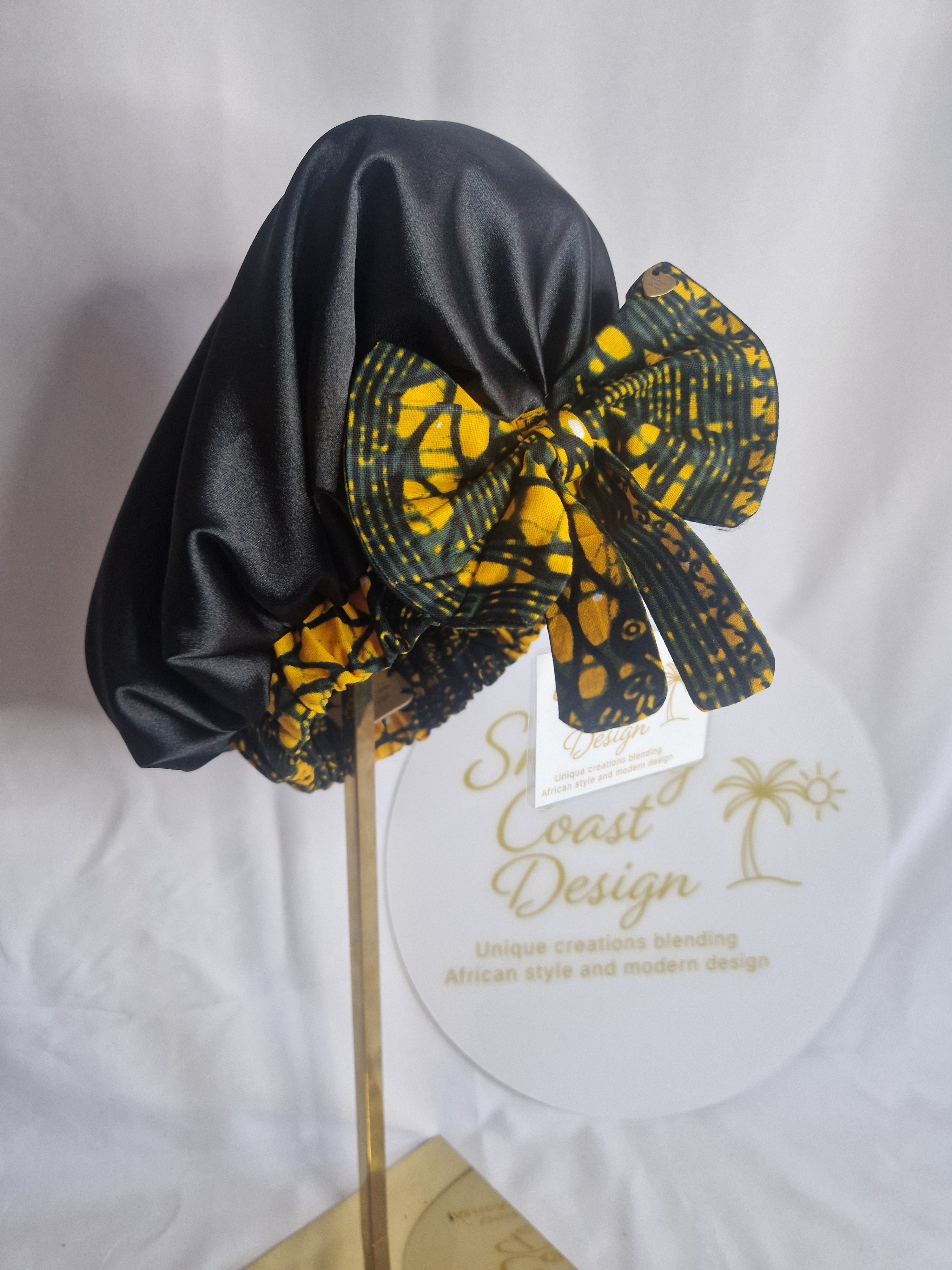 African Wax Print /Black Satin Bonnet – Hair Cap