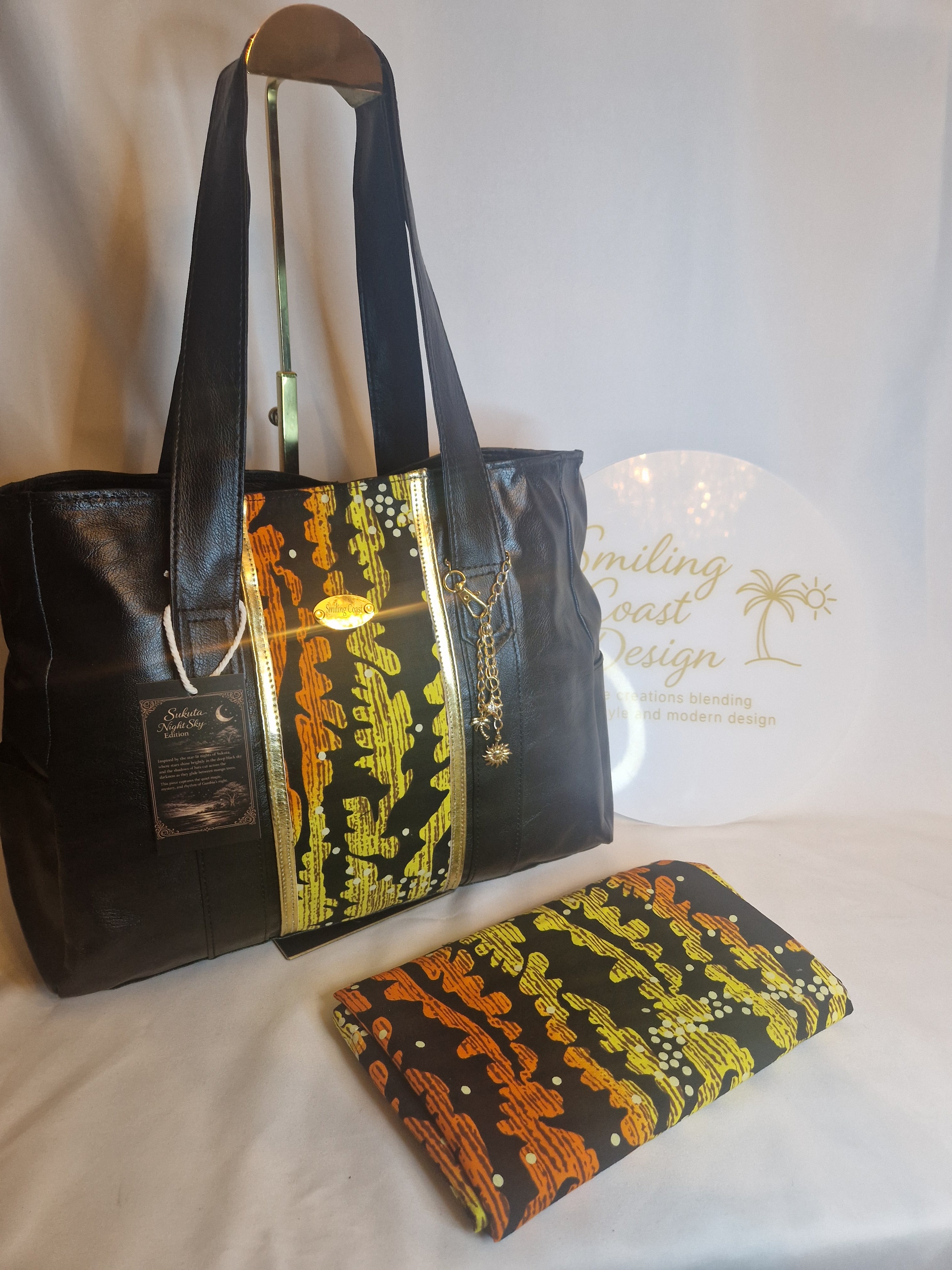 African waxprint Tote Bag – Handmade Vegan Leather & African Wax Print |Sukuta Night Sky Edition Smiling Coast Design