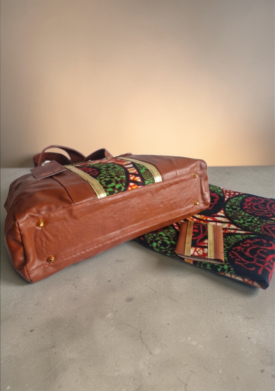 African Wax Print Handmade Vegan Leather Shopper and dustbag- Everlasting Baobab Edition