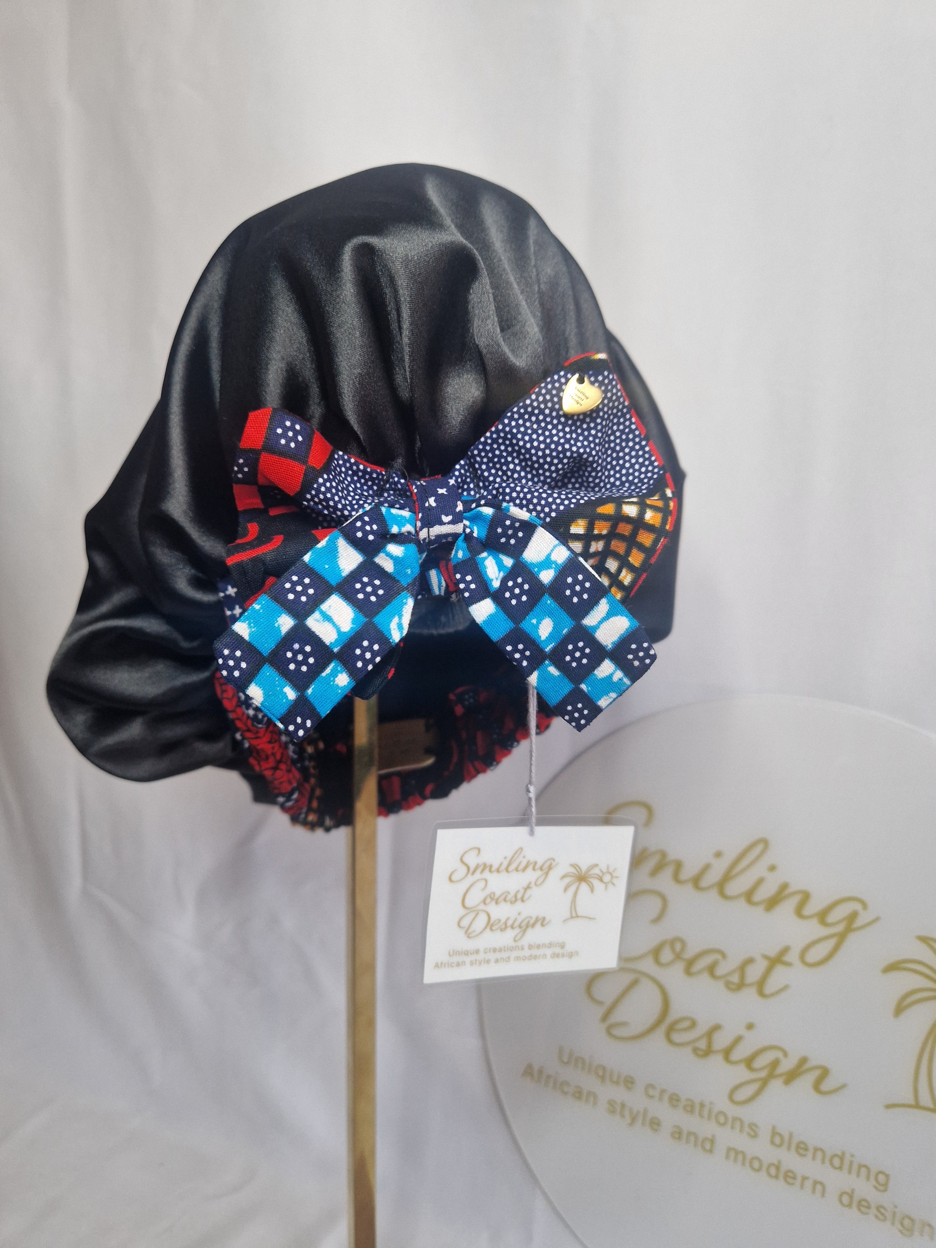 African Wax Print /Black Satin Bonnet – Hair Cap