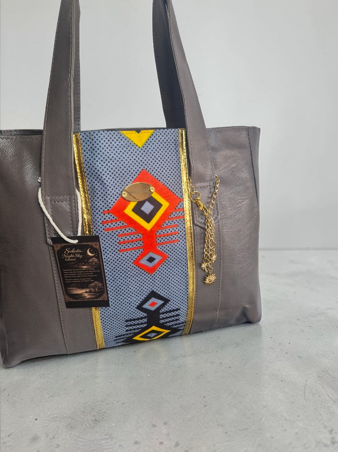 African waxprint Tote Bag – Handmade Vegan Leather  |Sukuta Night Sky Edition Smiling Coast Design