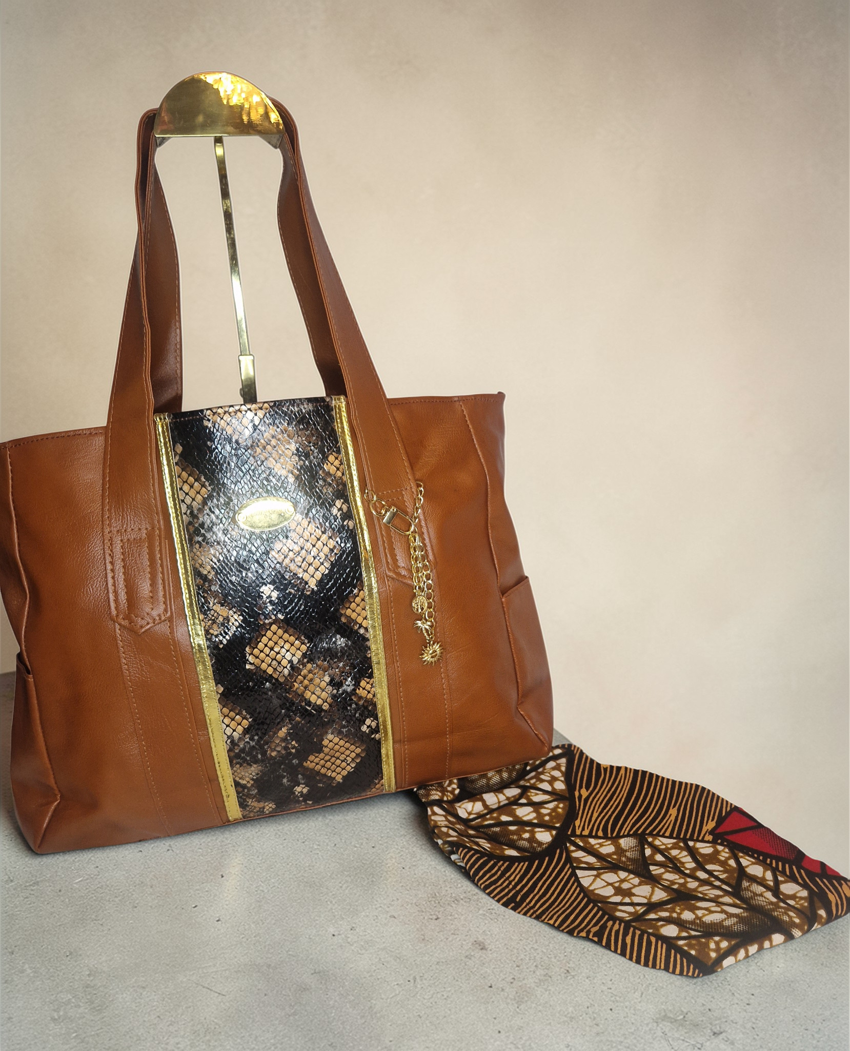 Snakeskin-print/Warm brown Tote – Handmade Vegan Leather & African Wax Print inside lining |Everlasting Baobab Edition