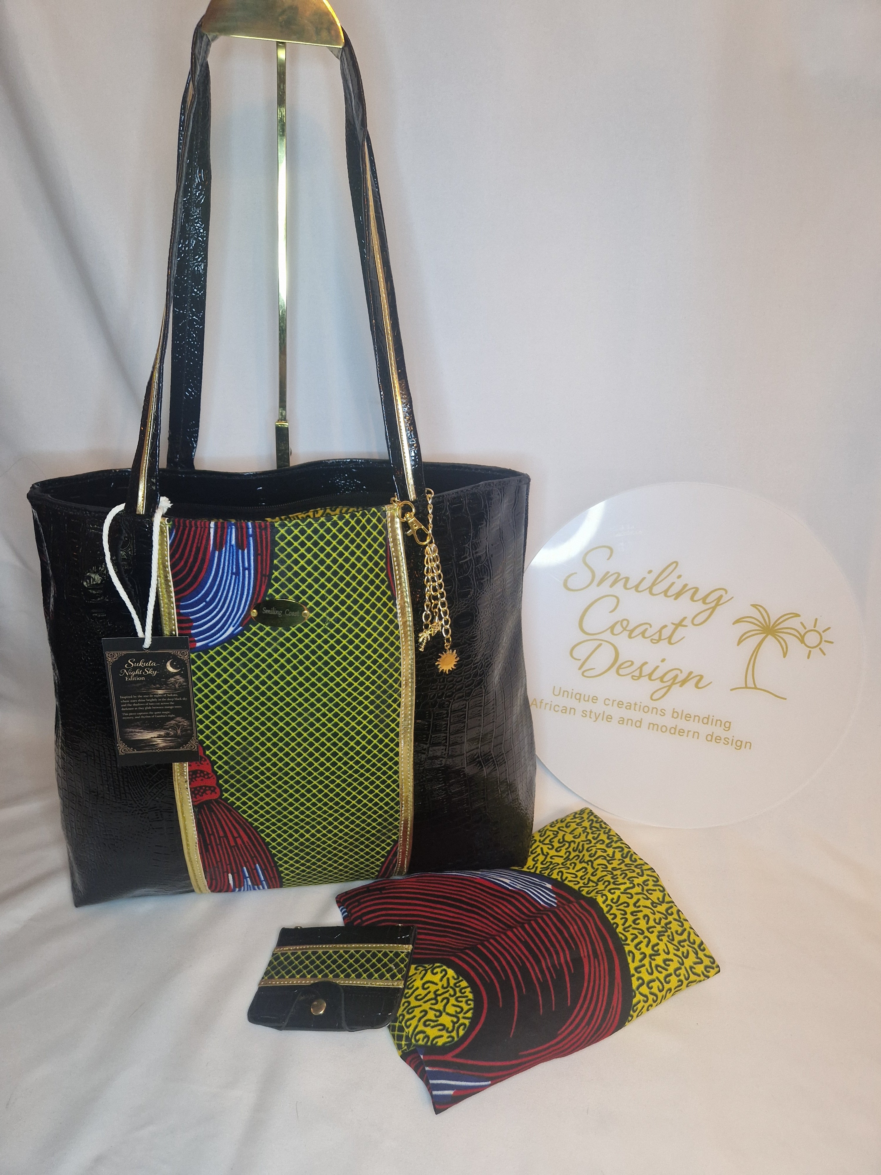 African waxprint Luxury Tote Set – Vegan Leather & African Wax Print |Sukuta Night Sky Edition- Smiling Coast Design