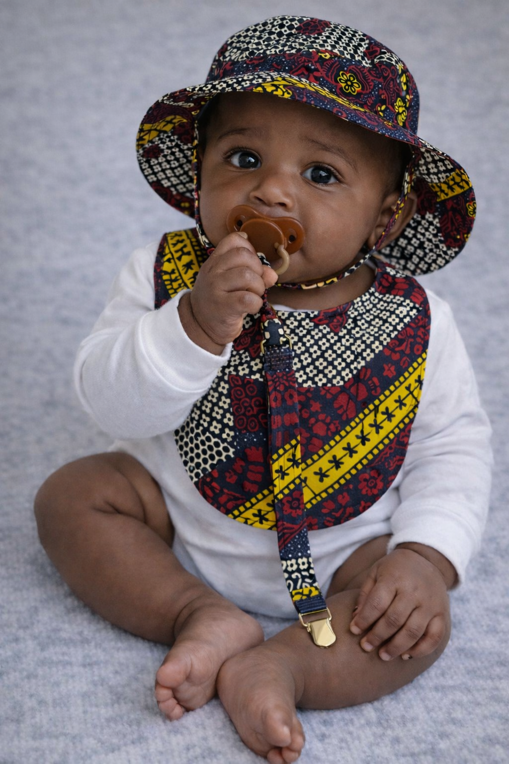 African Wax Print Baby Set –  Sun Hat, Bib & Pacifier Clip