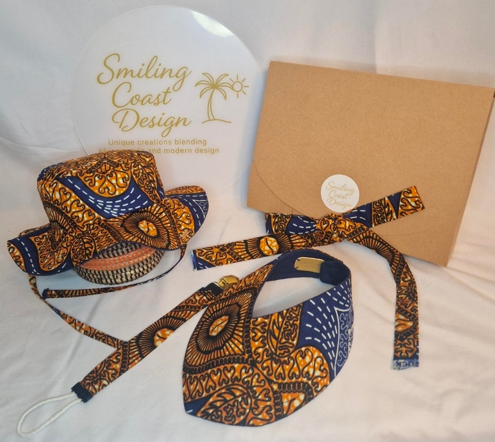 African Wax Print Baby set –  Sun Hat, Bib & Pacifier Clip